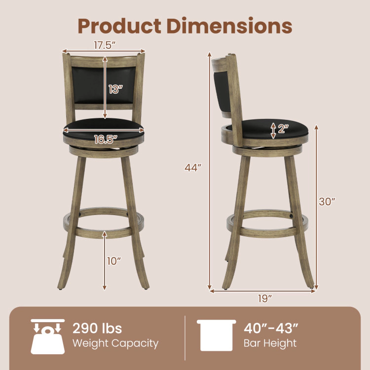 Hivvago 2 Pieces 29 Inch Wooden Swivel Height Bar Stool With Pvc Cushioned Seat