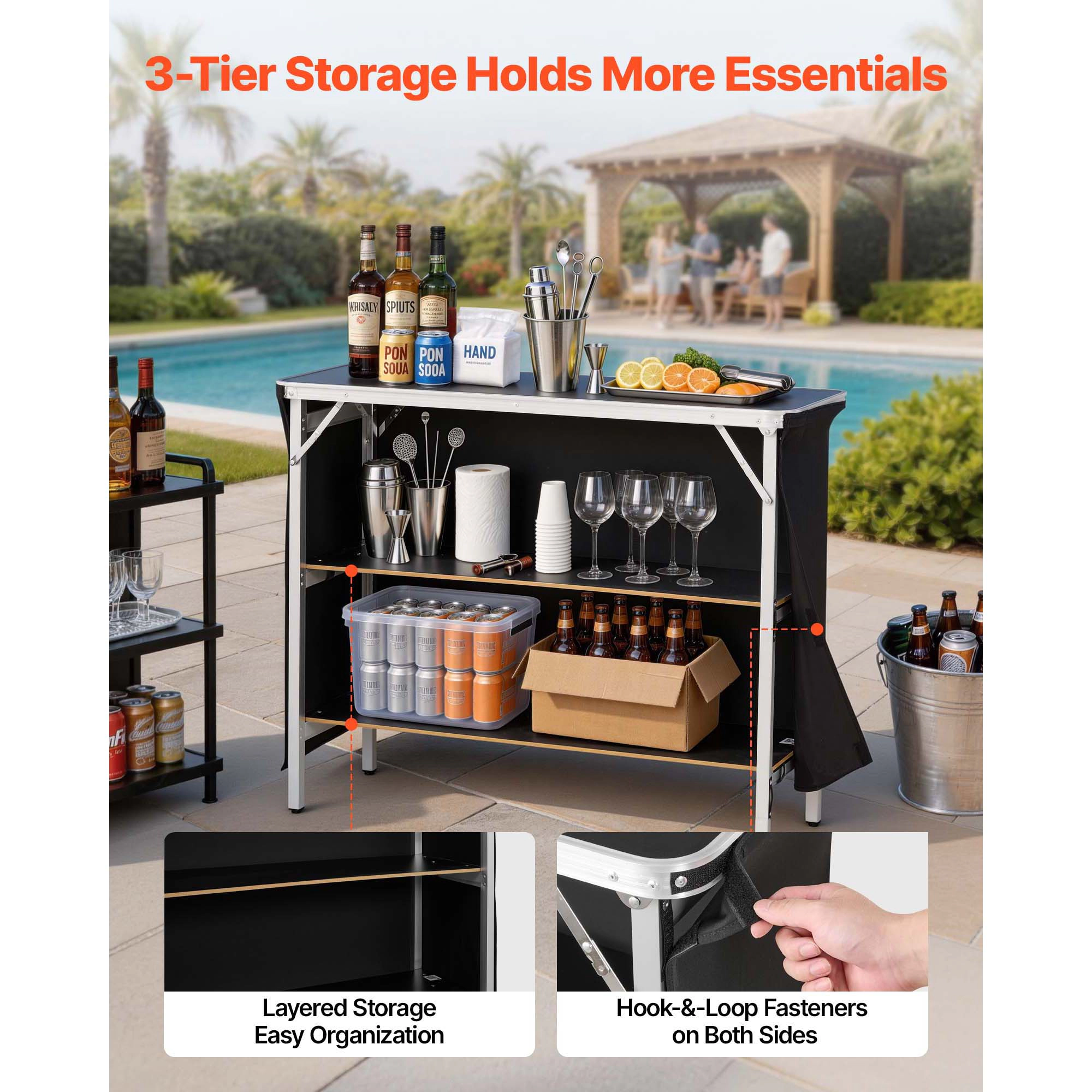 HONGGE Folding Portable Bar Table with Carry Bag 2 Storage Shelves and Detachable Skirt Quick and Easy Setup Foldable