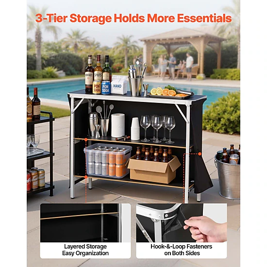 HONGGE Folding Portable Bar Table with Carry Bag 2 Storage Shelves and Detachable Skirt Quick and Easy Setup Foldable