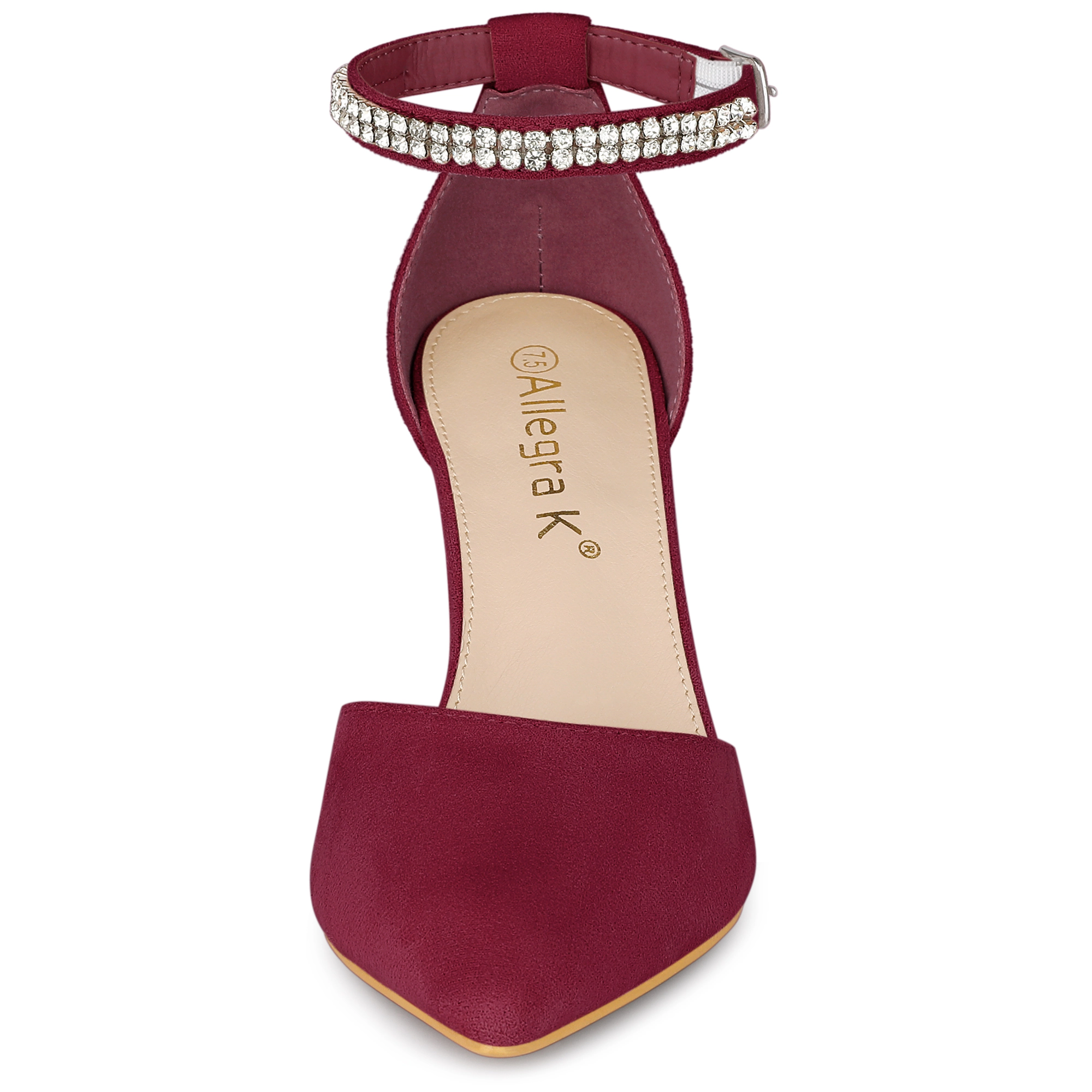 BLISSFUL STEP Women Rhinestone Pointed Toe Ankle Strap Chunky Heels Pumps