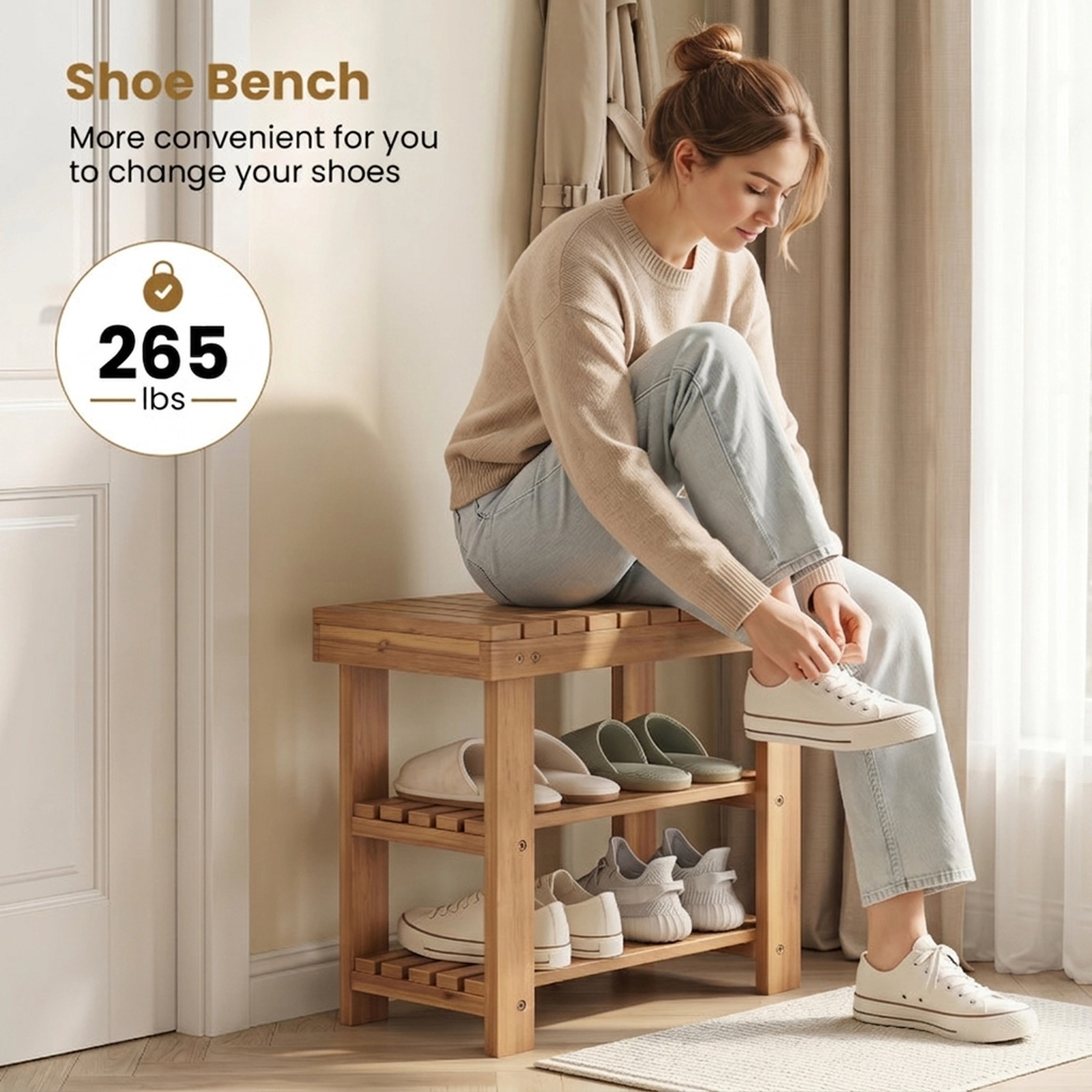 SUGIFT 3-Tier Natural 19-in Teak Wood Shoe Rack Bench with Slatted Seat and Open Shoe Storage Shelves