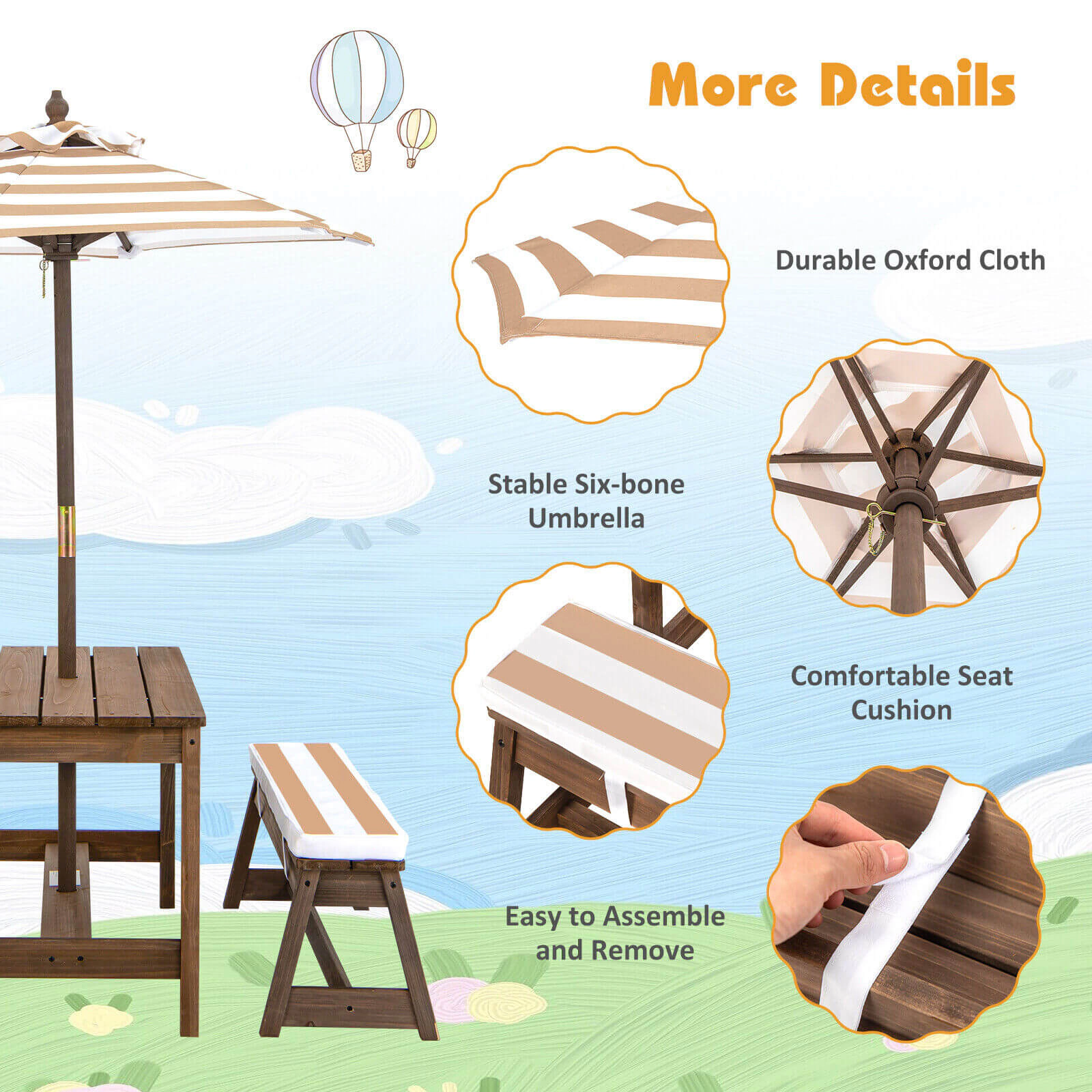 SUGIFT Brown Padded Cushions and Adjustable Umbrella Kids Fir Wood Picnic Table and Bench Set