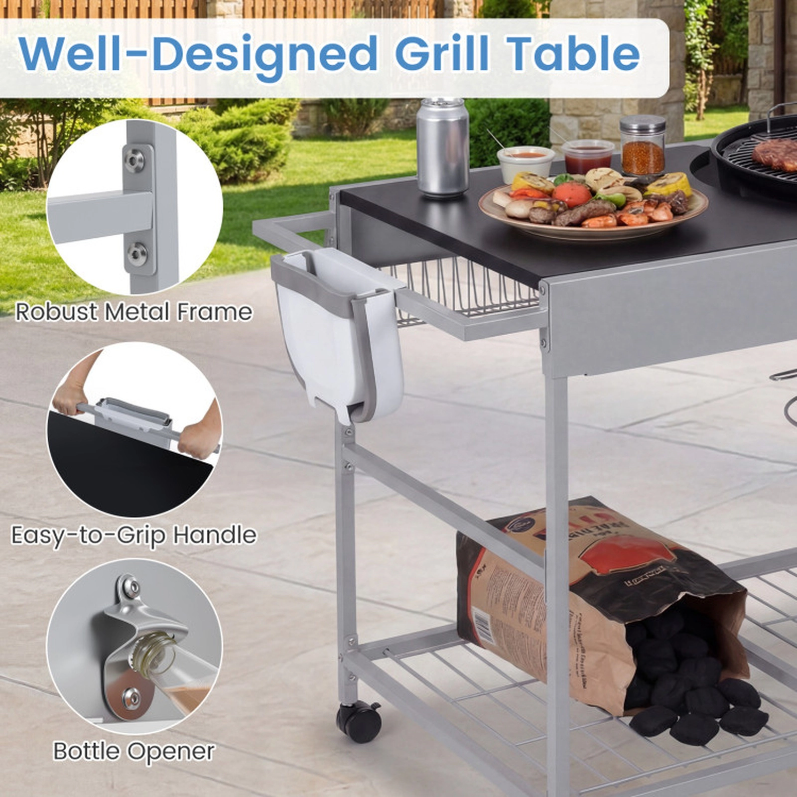 SUGIFT Black Rolling Grill Cart Table with Lid Holder and Seasoning Rack 55.5-in W 24.5-in D 31.5-in H