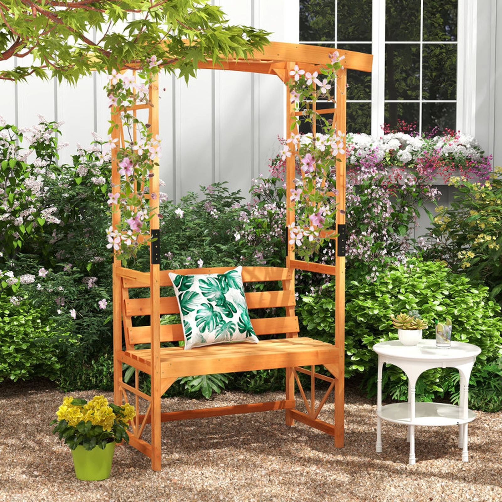 SUGIFT Yellow Fir Wood Garden Arbor with 2-Seat Bench, Climbing Trellis, 6.2 ft