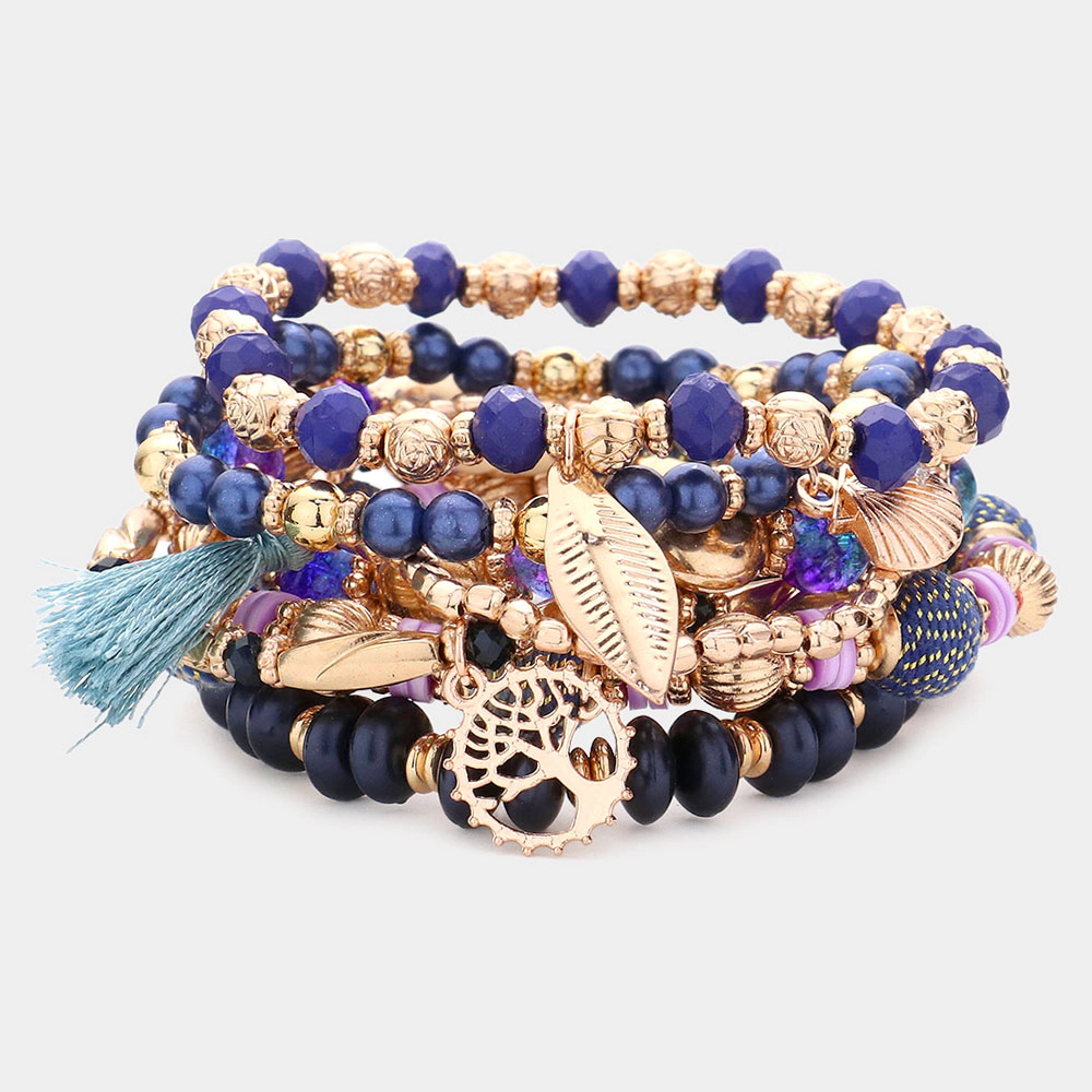 FASHNZFAB 7PCS - Faceted Beads Rose Beaded Tassel Leaf Shell Tree Of Life Charm Stretch Multi Layered Bracelets