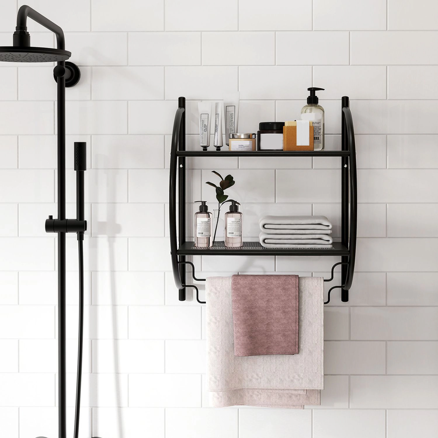 SlickBlue 2-Tier Bathroom Wall Shelf with Towel Bars and Mesh Storage