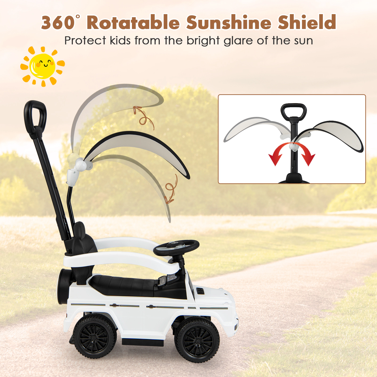3-in-1 Toddler Push Car Adjustable Canopy Working Steering Wheel Under Seat Storage 18-36 Months 55-lb Limit