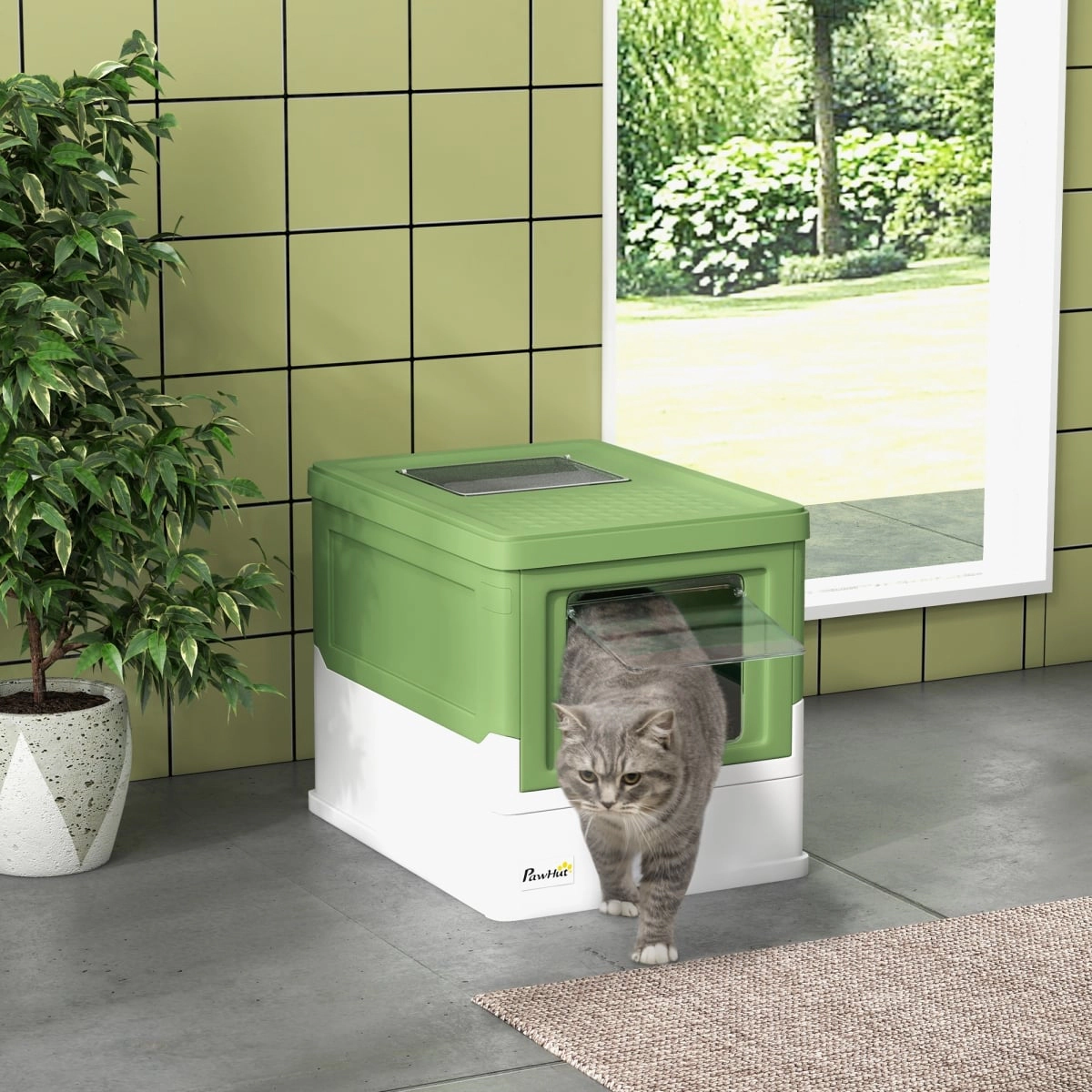 212 Main Paw Hut Fully Enclosed Cat Litter Box with Front Entry, Top Exit - Yellowish Green