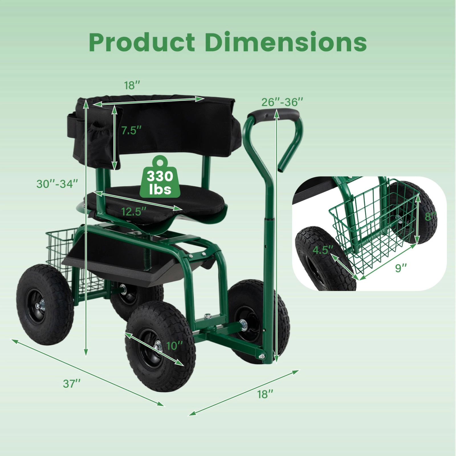 SUGIFT Red Rolling Garden Cart Scooter with Cushioned Seat and Adjustable Steering Handle 37-in W 18-in D
