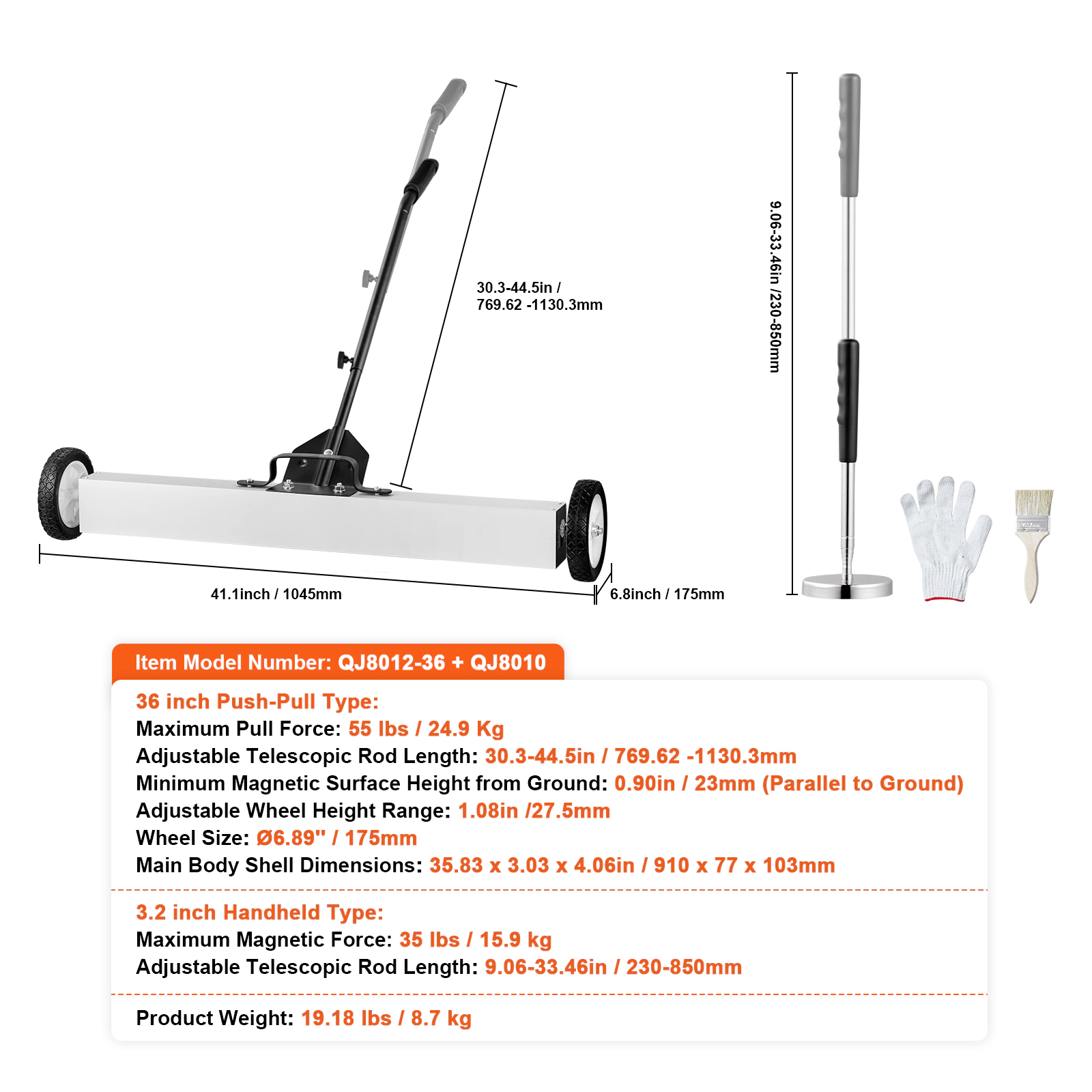 HONGGE Magnetic Sweeper with Wheels with Telescoping Magnetic Pickup Tool Adjustable Handle Magnetic Pickup Sweeper to