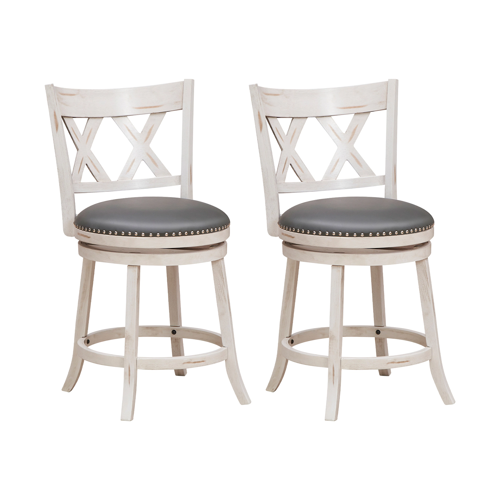 SUGIFT 25.5-In Swivel Hand-Antiqued Counter Stool Set of 2 300-Lb Capacity & Wider 20-In Padded Seat Antique White +