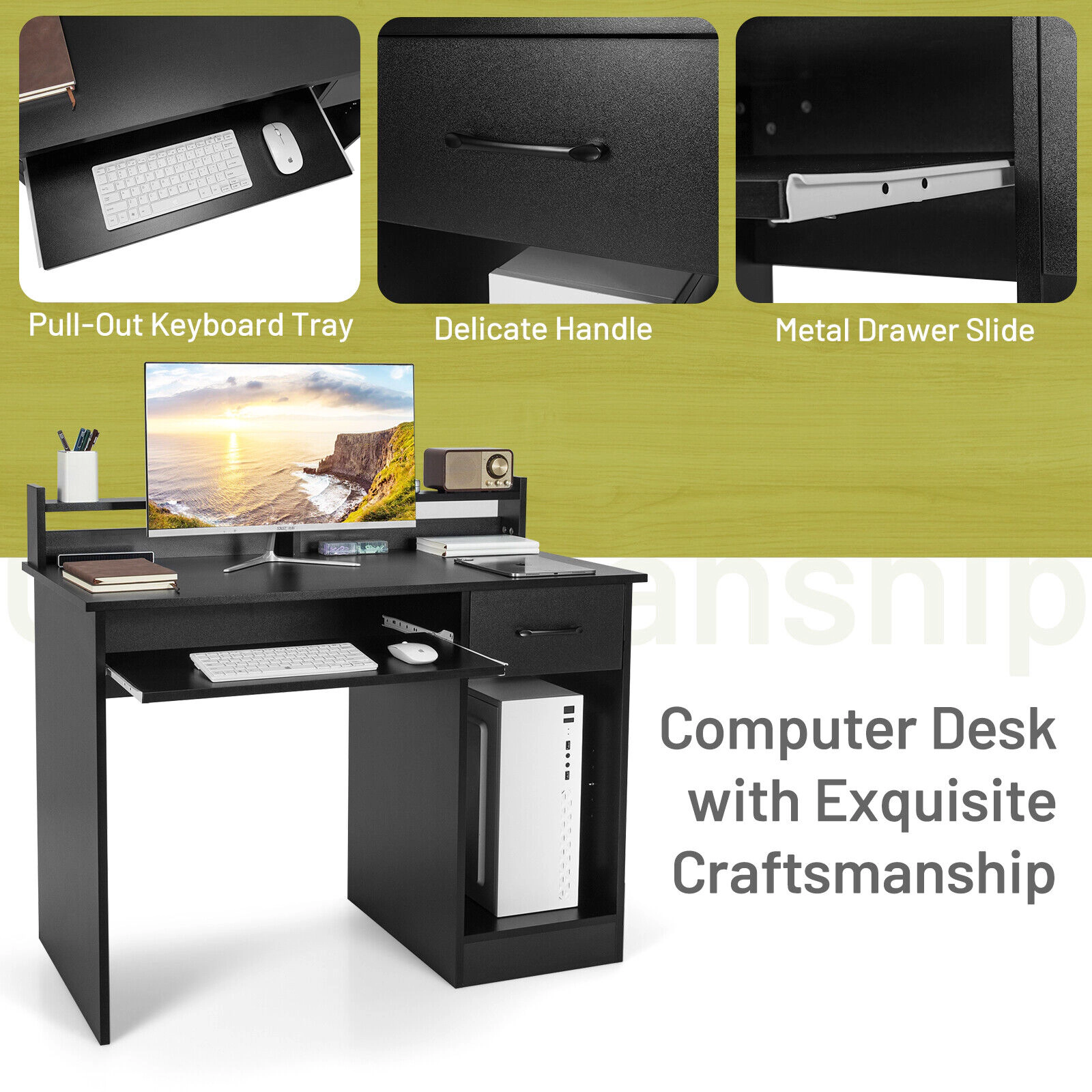 SUGIFT Black Deep Drawer Keyboard Tray and Adjustable Shelf 41.5 Inch Study Laptop Desk