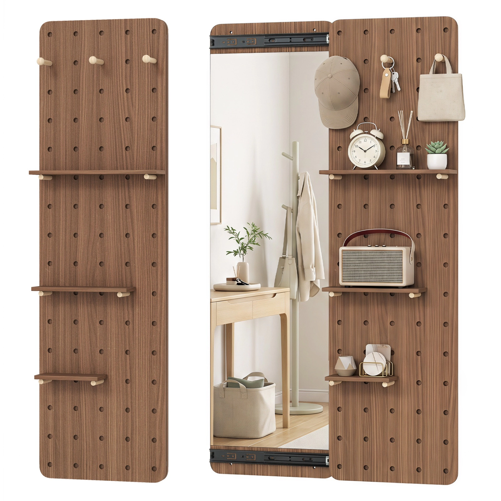 SUGIFT Full Length Mirror with Sliding Pegboard Shelves and Hooks Wall Mounted Entryway Storage Brown/Natural
