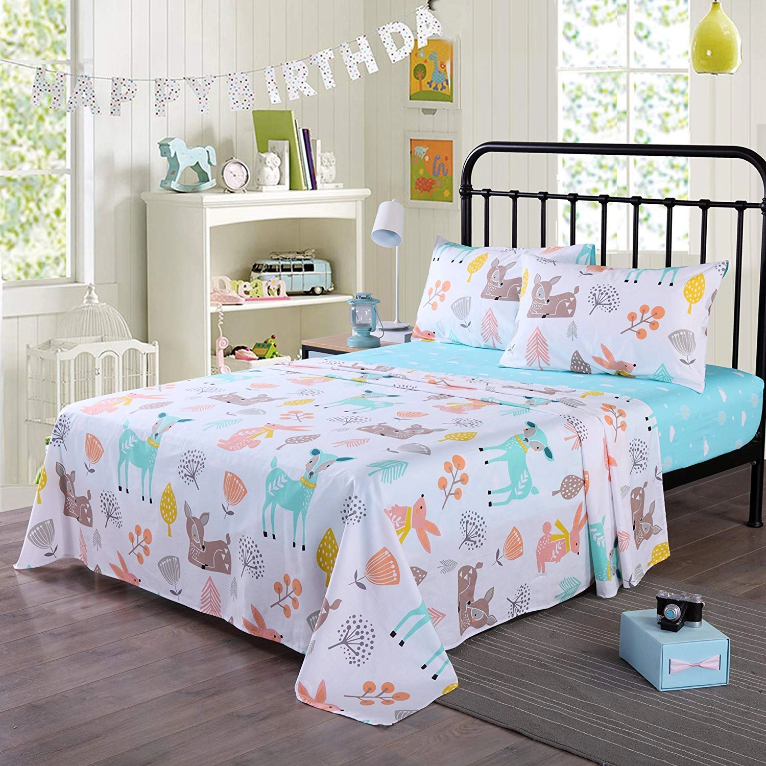 MarCielo 3/4 Piece Kids Deer Sheet Set, Soft Breathable Cotton Bedding