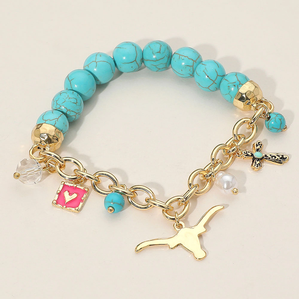 Fashnzfab Secret Box_Western Steer Head Cross Heart Pearl Charm Beaded Stretch Bracelet