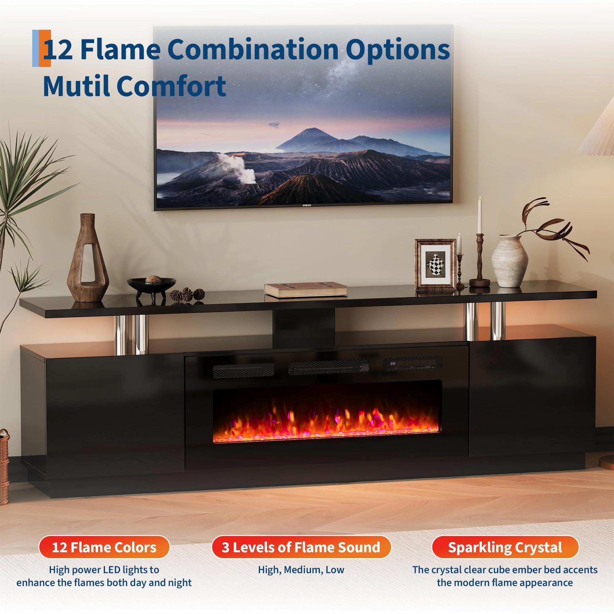 BebreezChic 70" Fireplace TV Stand with 36" Electric Fireplace, Entertainment Center with 12 Colors LED Lights
