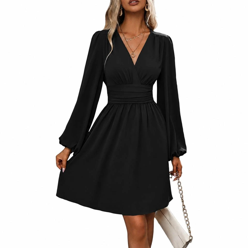 YesFashion Women Deep V Neck Mini Dress Long Sleeve High Waist A-Line Casual Wedding Guest