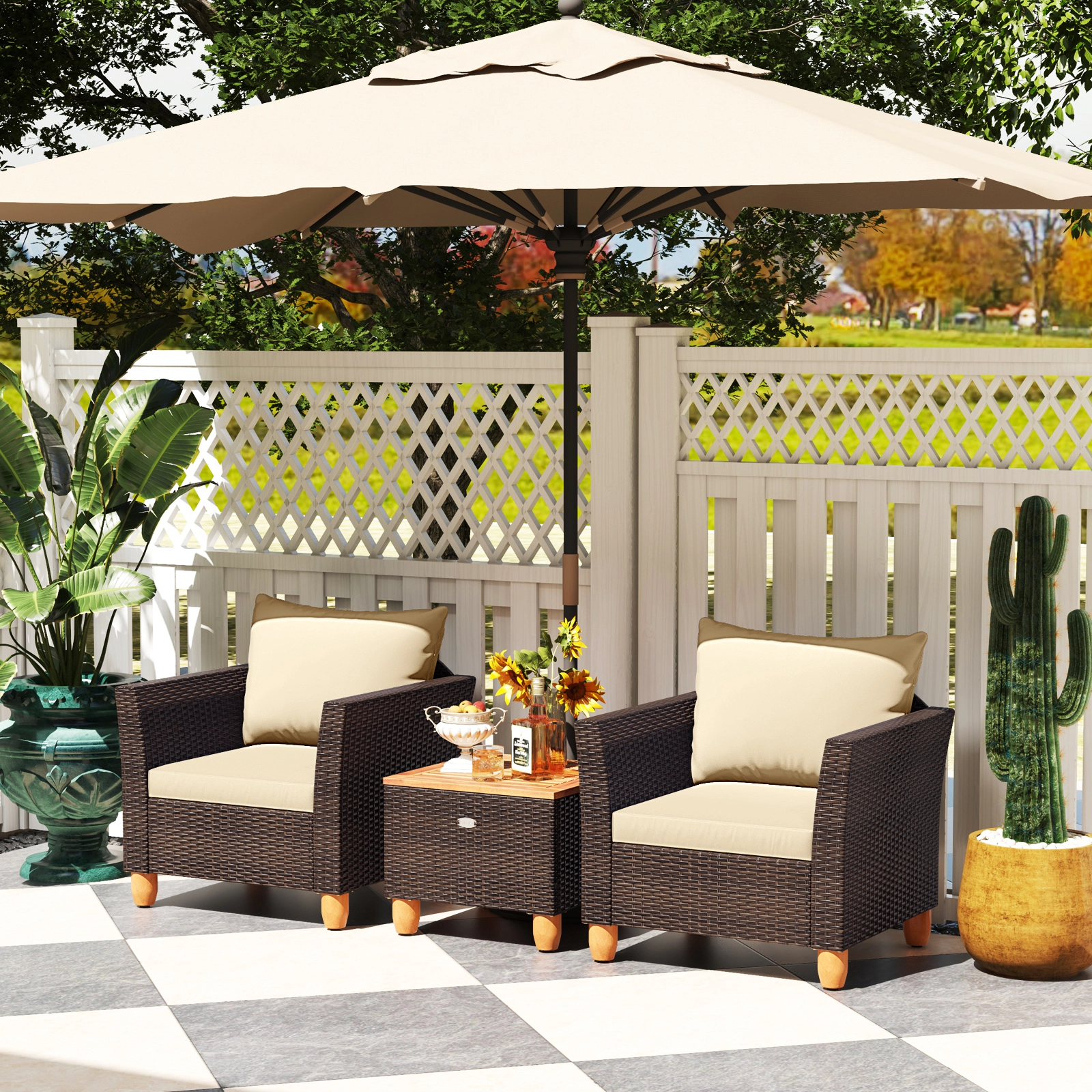 LJG 3 Pieces Patio Rattan Bistro Furniture Set with Wooden Table Top