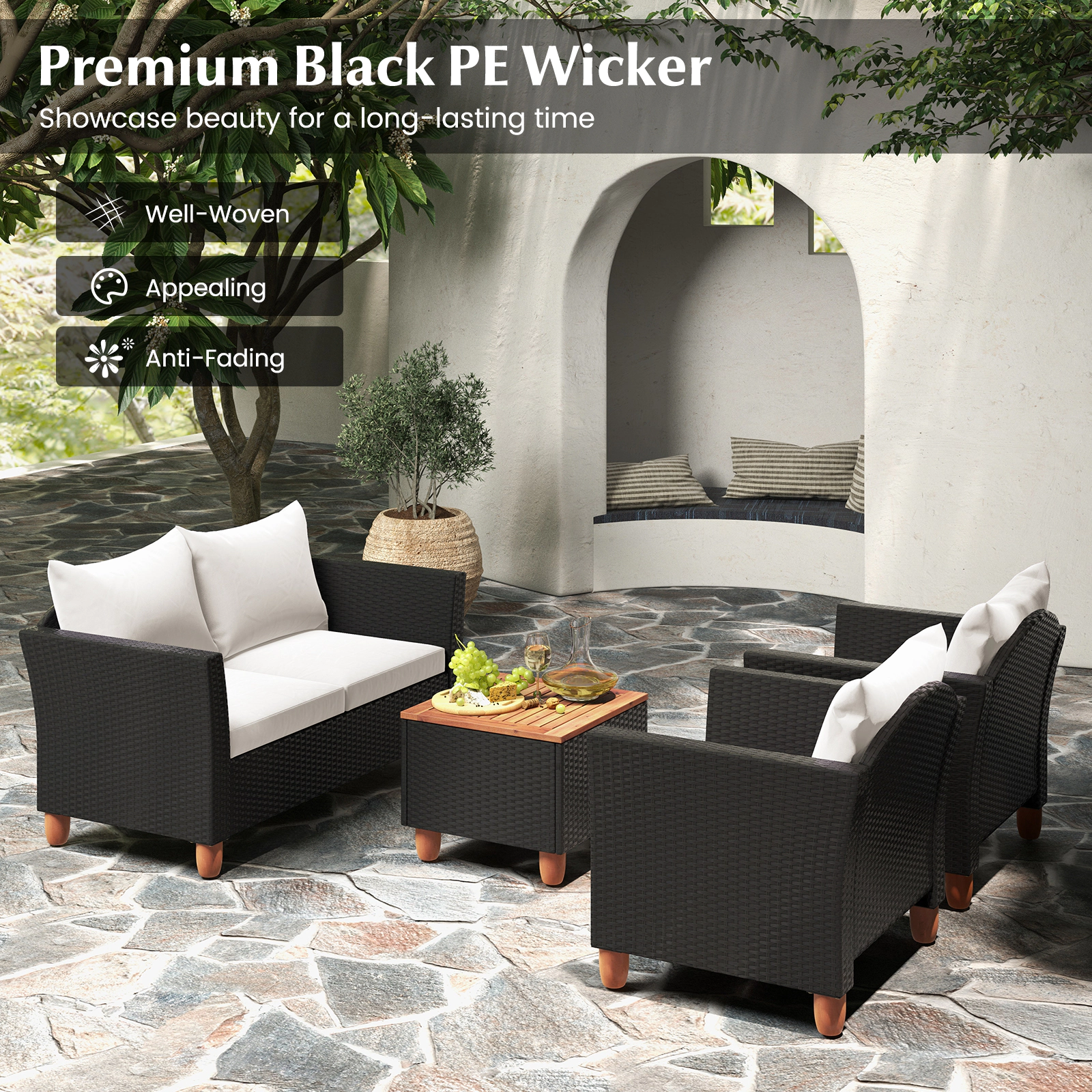 SUGIFT White Flip-Top Storage Coffee Table 4-Piece Outdoor Rattan Conversation Set