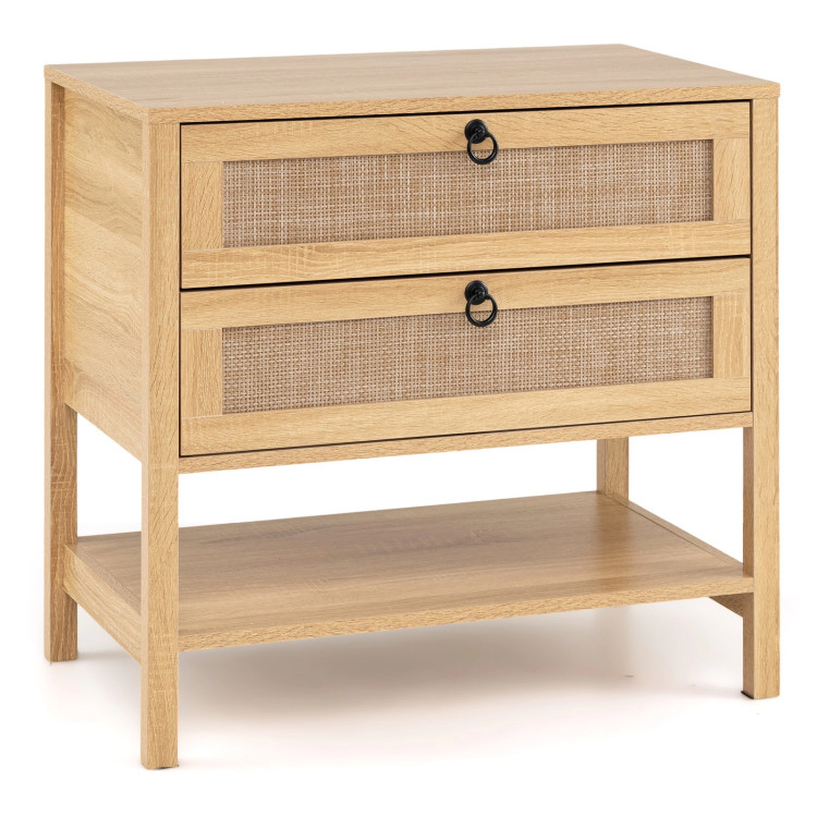 SUGIFT 27-Inch Whitewashed Oak Boho Rattan Nightstand with 2 Drawers and Open Shelf