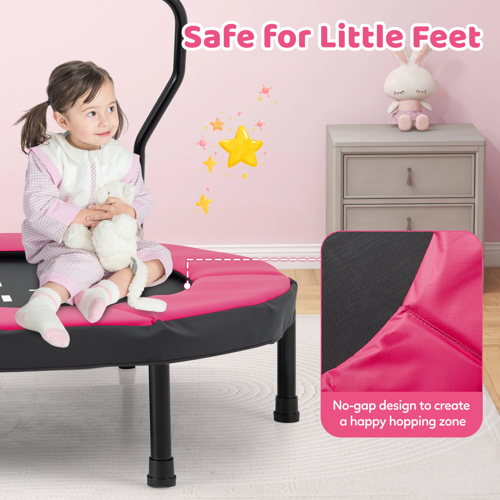 40-in Small Trampoline Kids Removable Foam Handlebar Ages 3-6 Indoor Outdoor Fitness Rebounder Pink Kids Trampoline