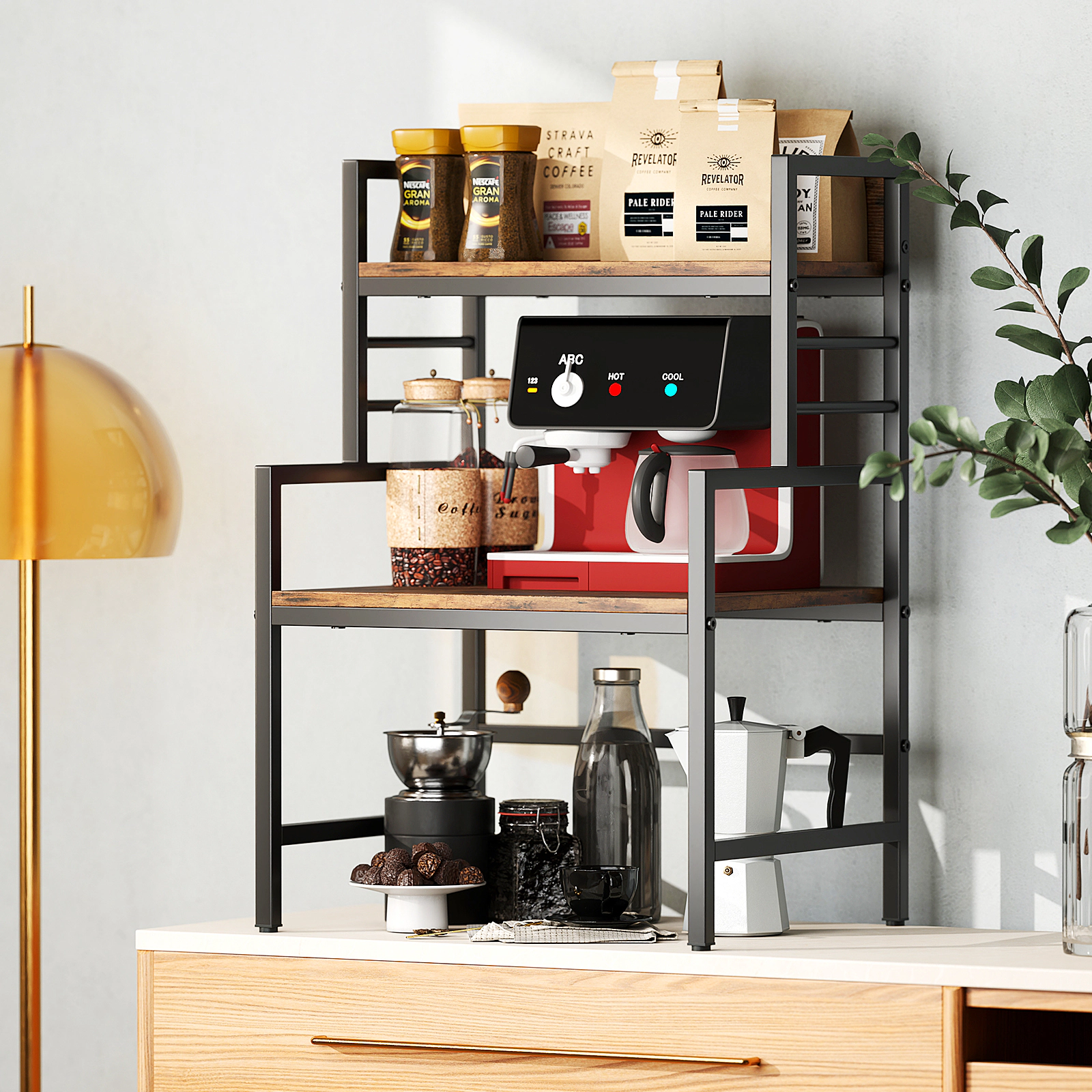 SUGIFT 3-Tier Microwave Stand Rustic Brown with 2 Open Shelves and Metal Frame