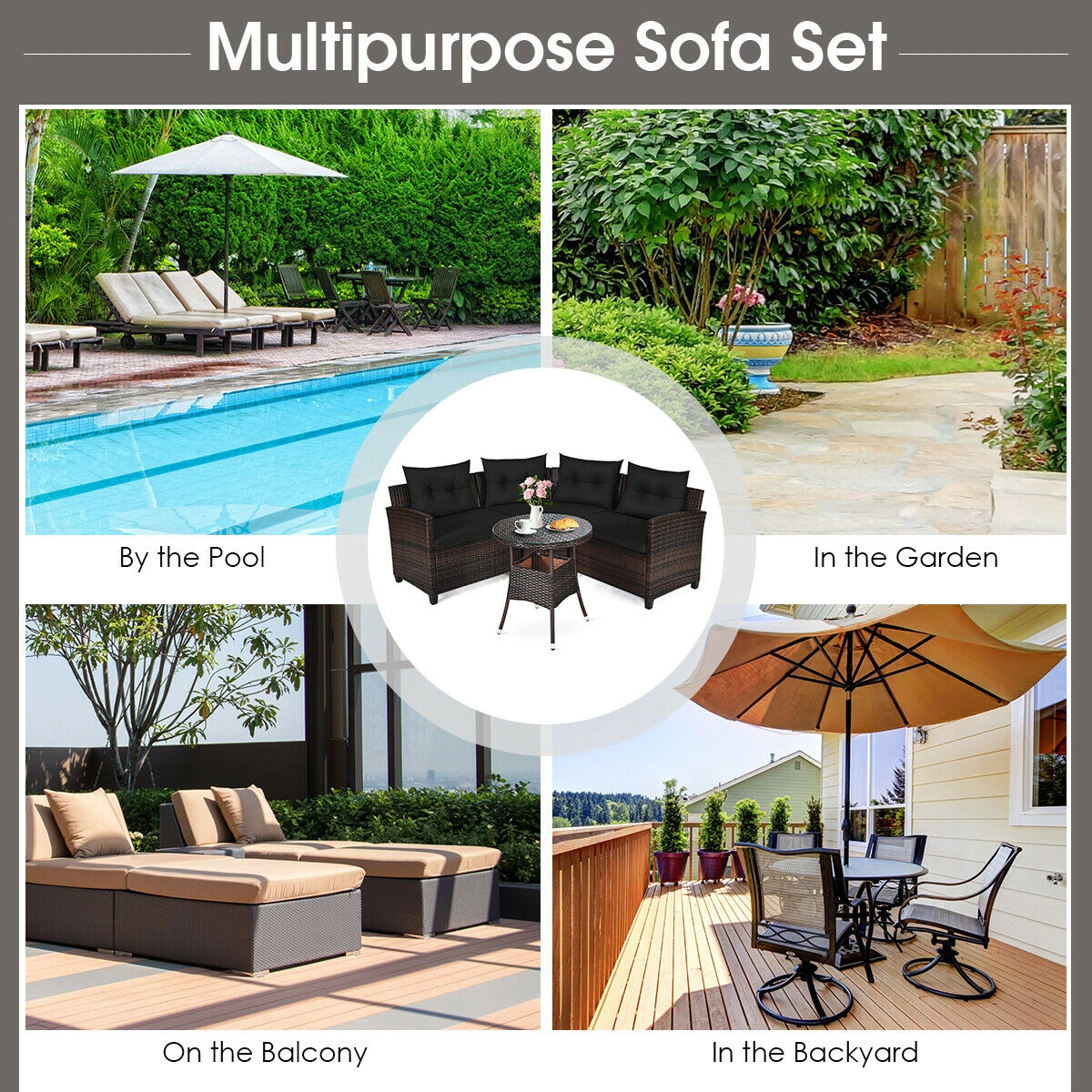 SUGIFT 4-Piece Black Rattan Patio Sectional Sofa Set with Glass Coffee Table