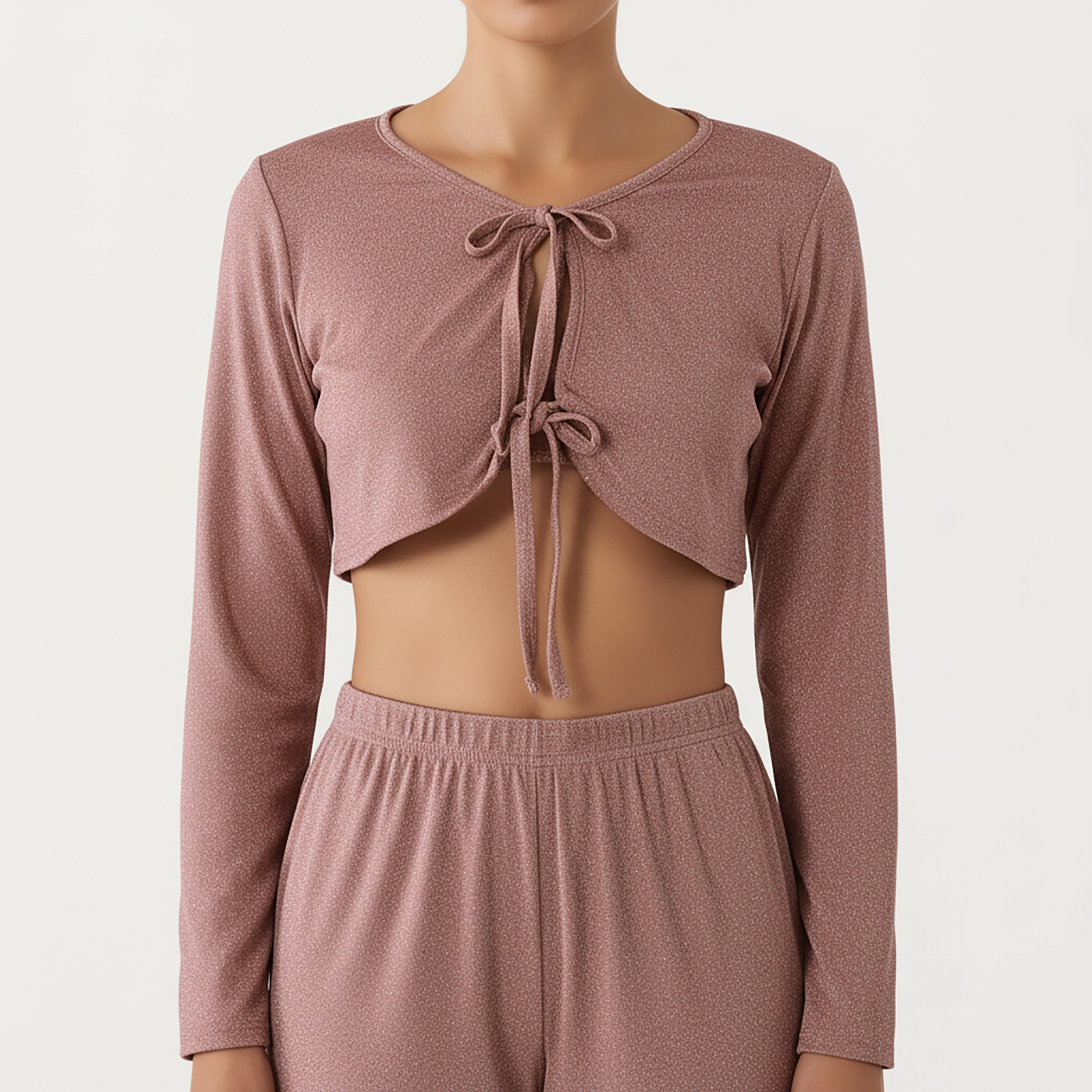 Anna-Kaci Women's Long Sleeve Pajama Set with Tie Front Cropped Top and Relaxed Fit High Waist Full-Length Lounge Pants