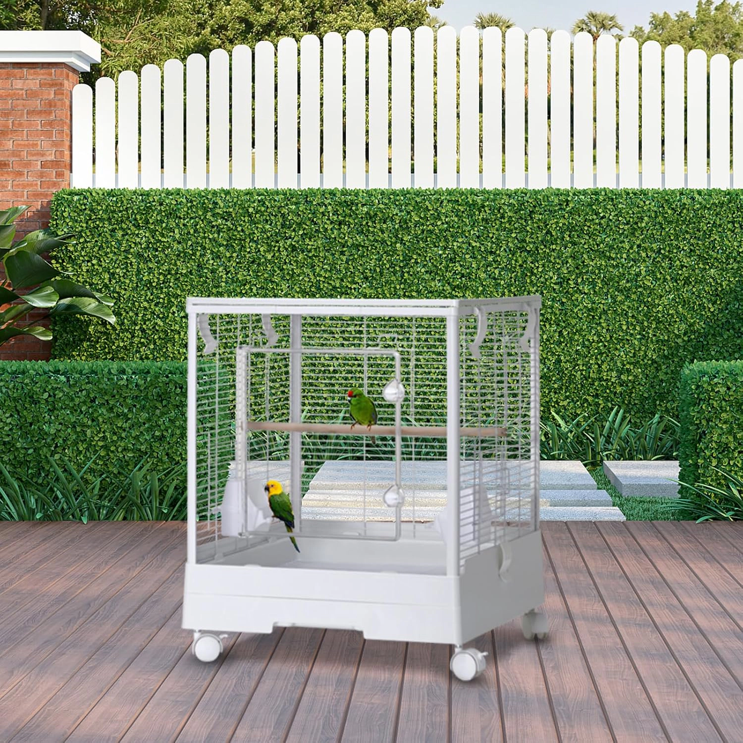 Double-Layer Transparent Bird Cage, Metal-Plastic Rolling Aviary for Small-Medium Pet Birds, White