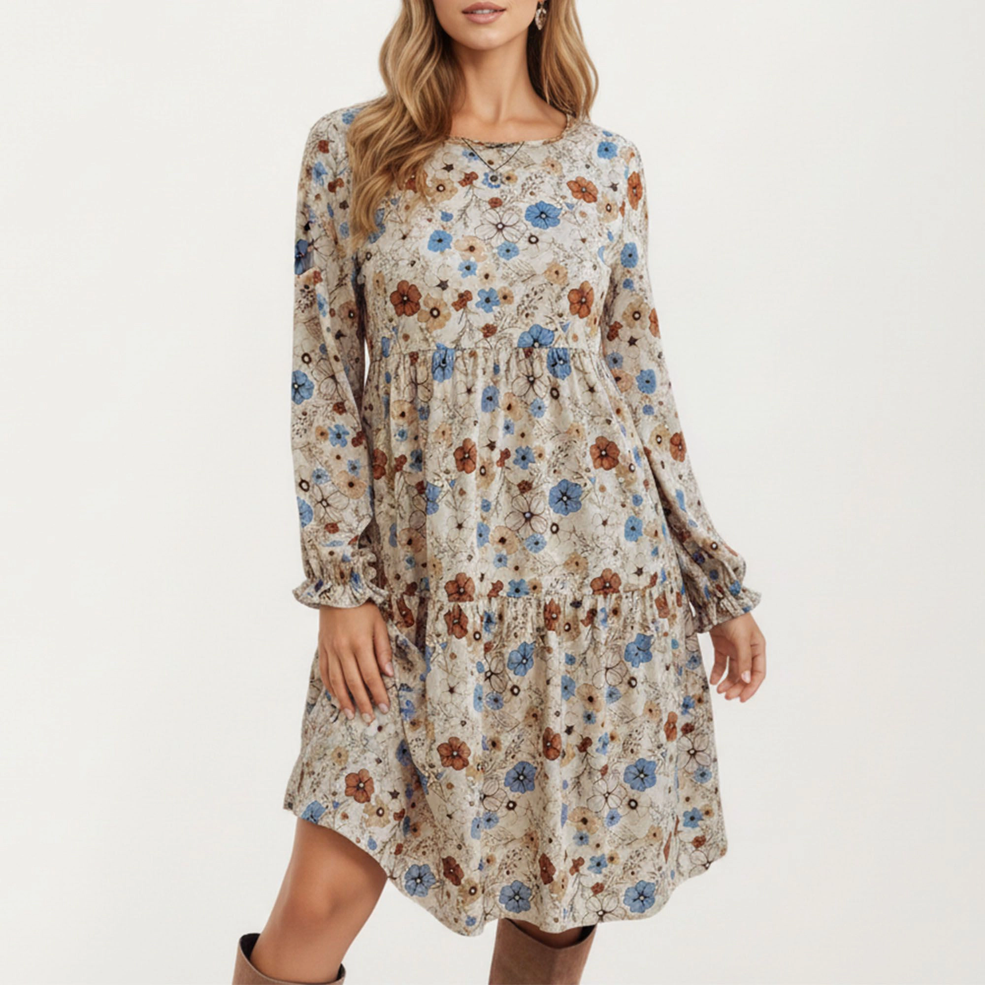 Anna-Kaci Women's Floral Long Sleeve Round Neck Ruffle Hem Tiered Dress