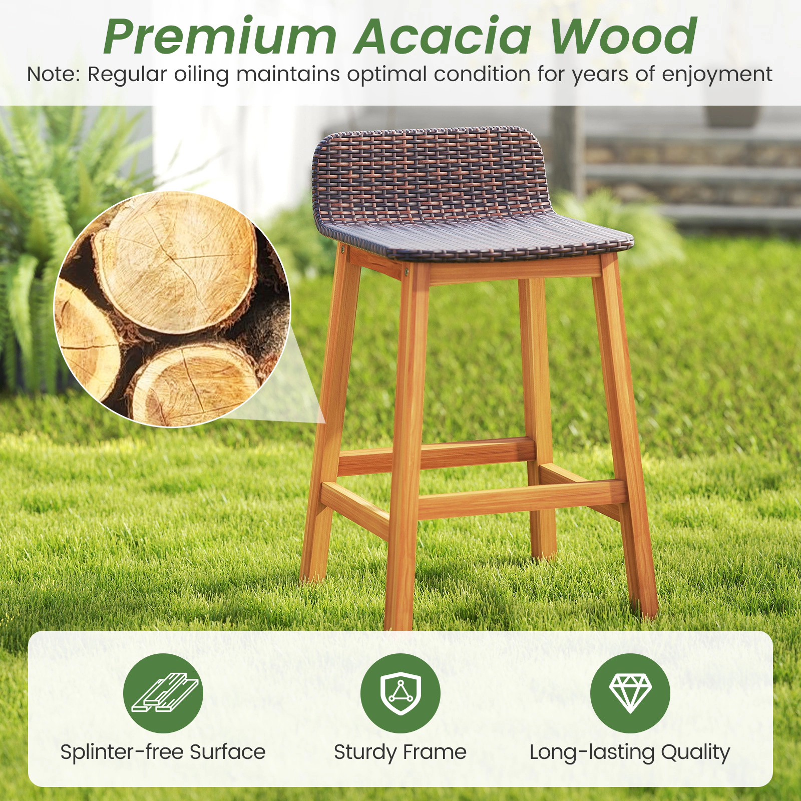 SUGIFT Porch Bar Stools with Backrests and Footrests 400-lb Capacity 26-in Seat Height Natural Brown