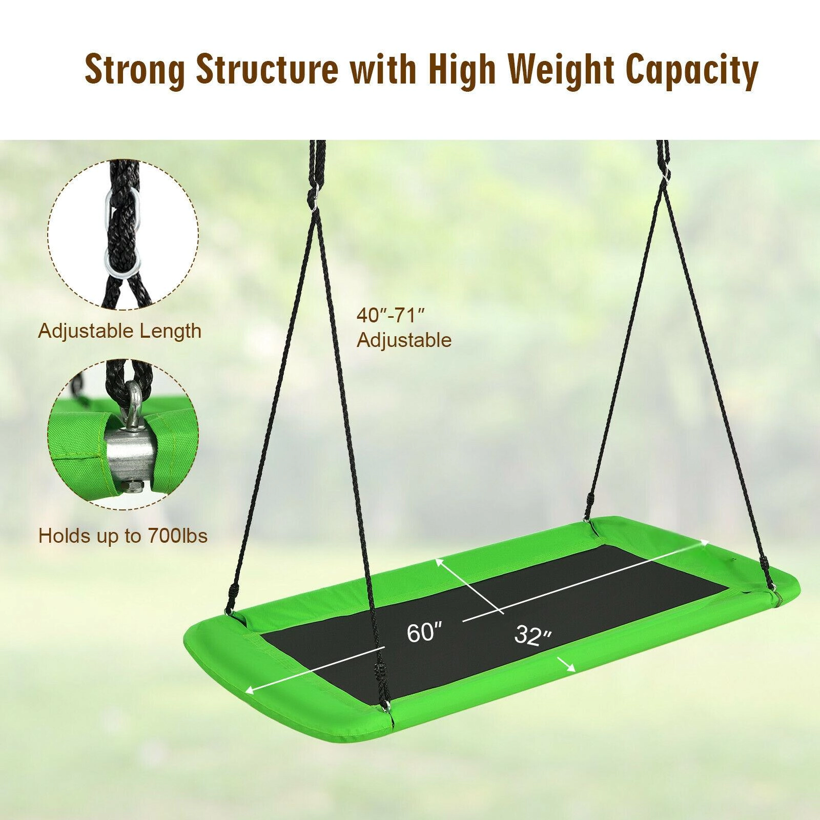 SUGIFT Kids Green Platform Tree Swing with 2 Hanging Straps 60-in W 32-in D 40-in to 71-in H 700-lb Swing Capacity