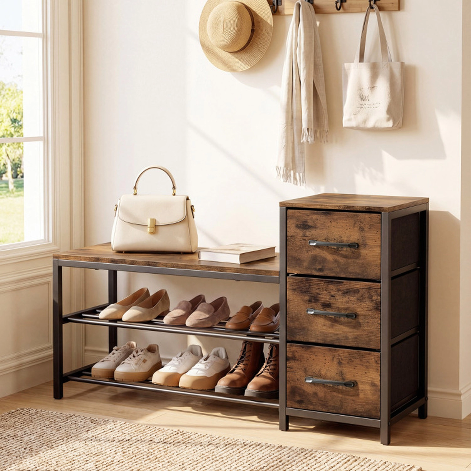 SUGIFT Rustic Brown 3 Removable Fabric Drawers and Anti-Toppling Kits 3-Tier Industrial Shoe Bench