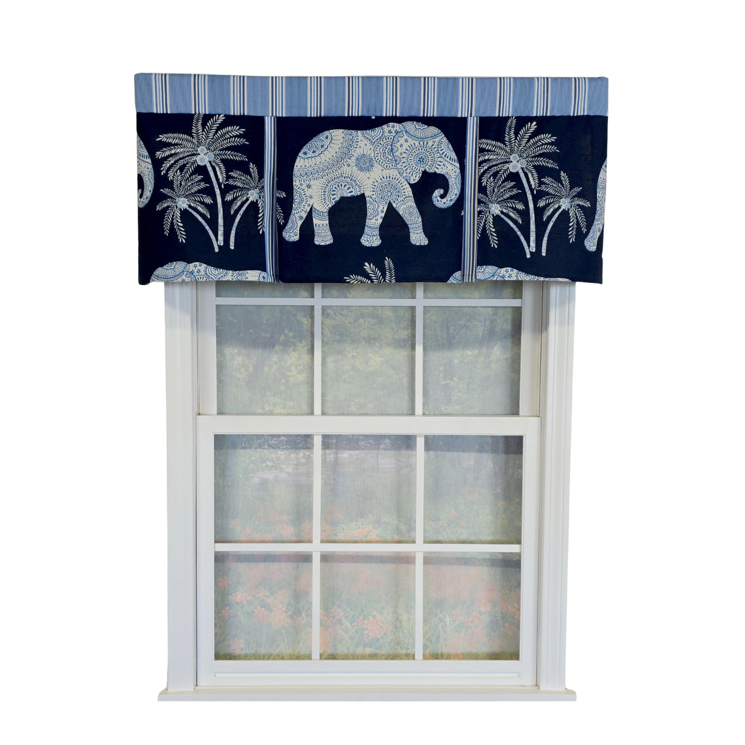 RLF Home 100% Cotton White Elephant Pleated  Unlined Windows Rod Pocket Valance 50" x 17"  Blue
