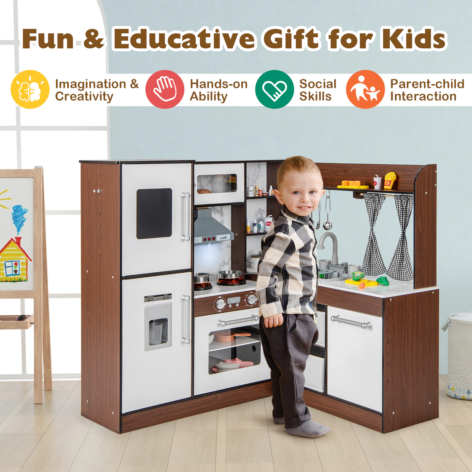 Wooden Corner Play Kitchen Water Circulation 360-Degree Faucet Ice Maker Plaid Curtains 40-in x 35-in x 38-in Brown