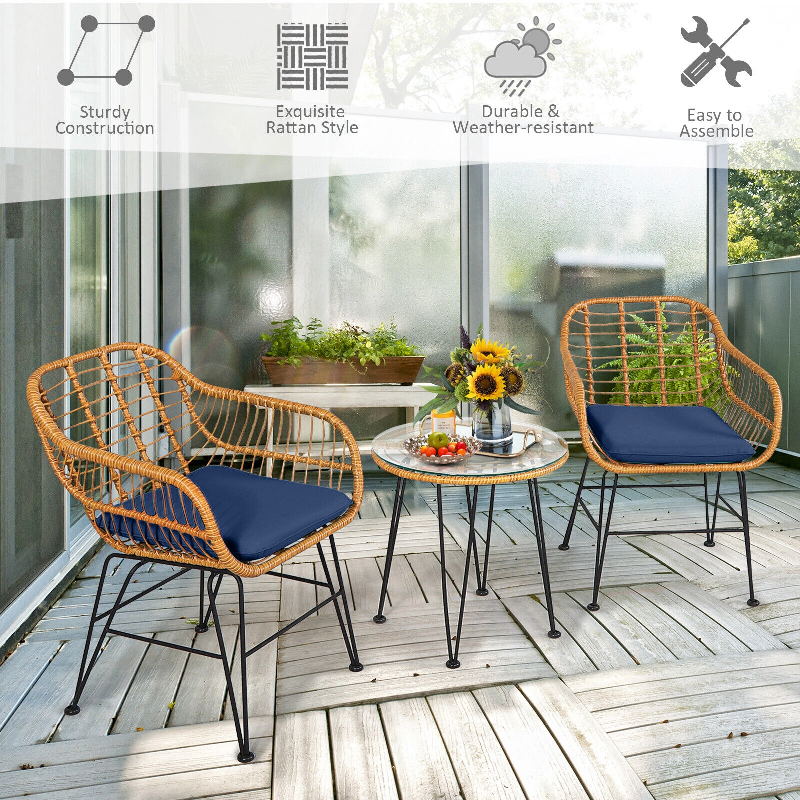 SUGIFT 3-Piece Rattan Conversation Set with Cushioned Chairs & Coffee Table 400-Lb Chair Capacity 24-in Chair Width Navy
