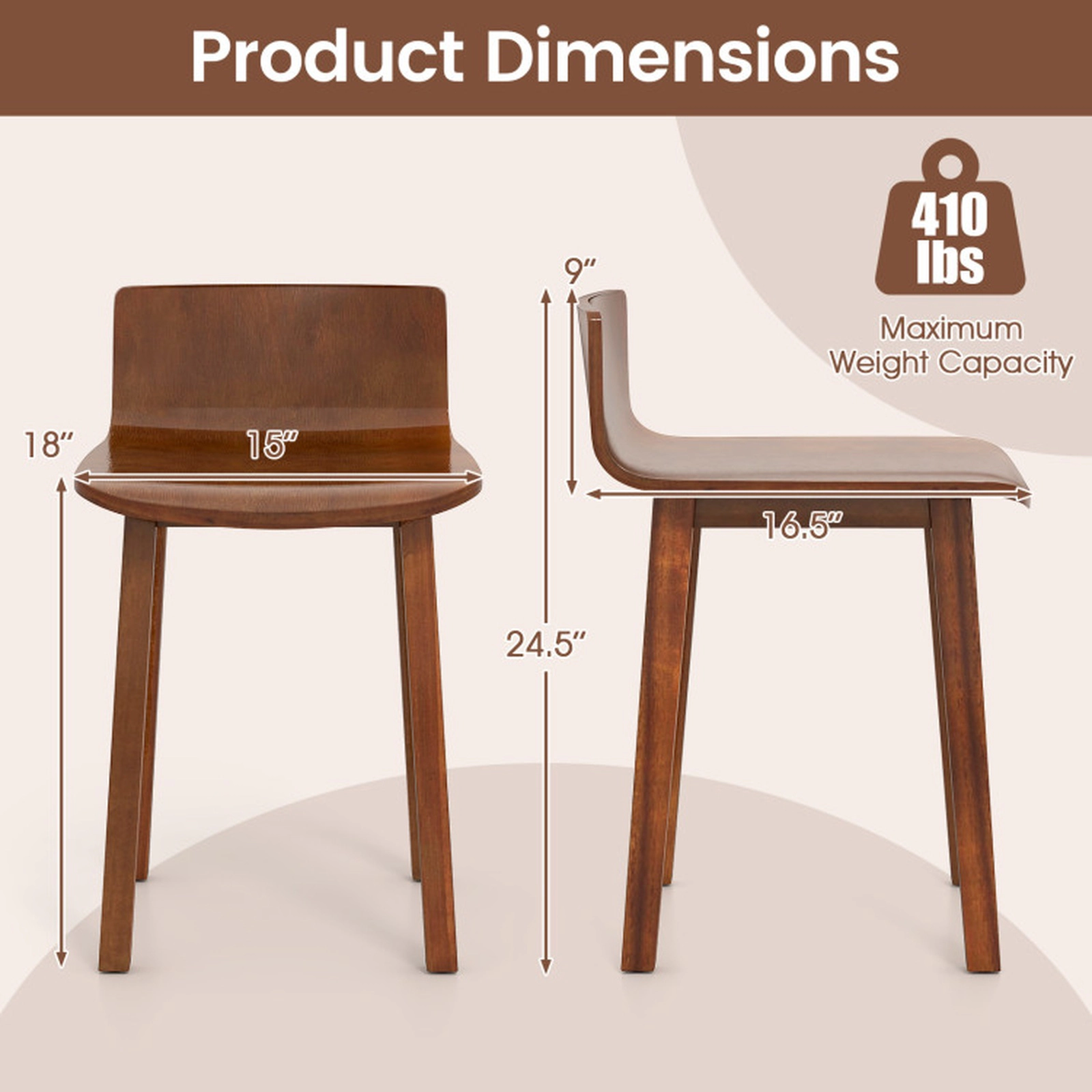 SUGIFT Wide Seat Wood Dining Chair Set of 2 Farmhouse Mid-Century Armless Side Chairs 410-lb Capacity Brown