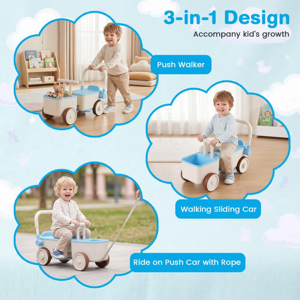 Hivvago 3-in-1 Kids Ride On Push Car with Rope and Storage Basket