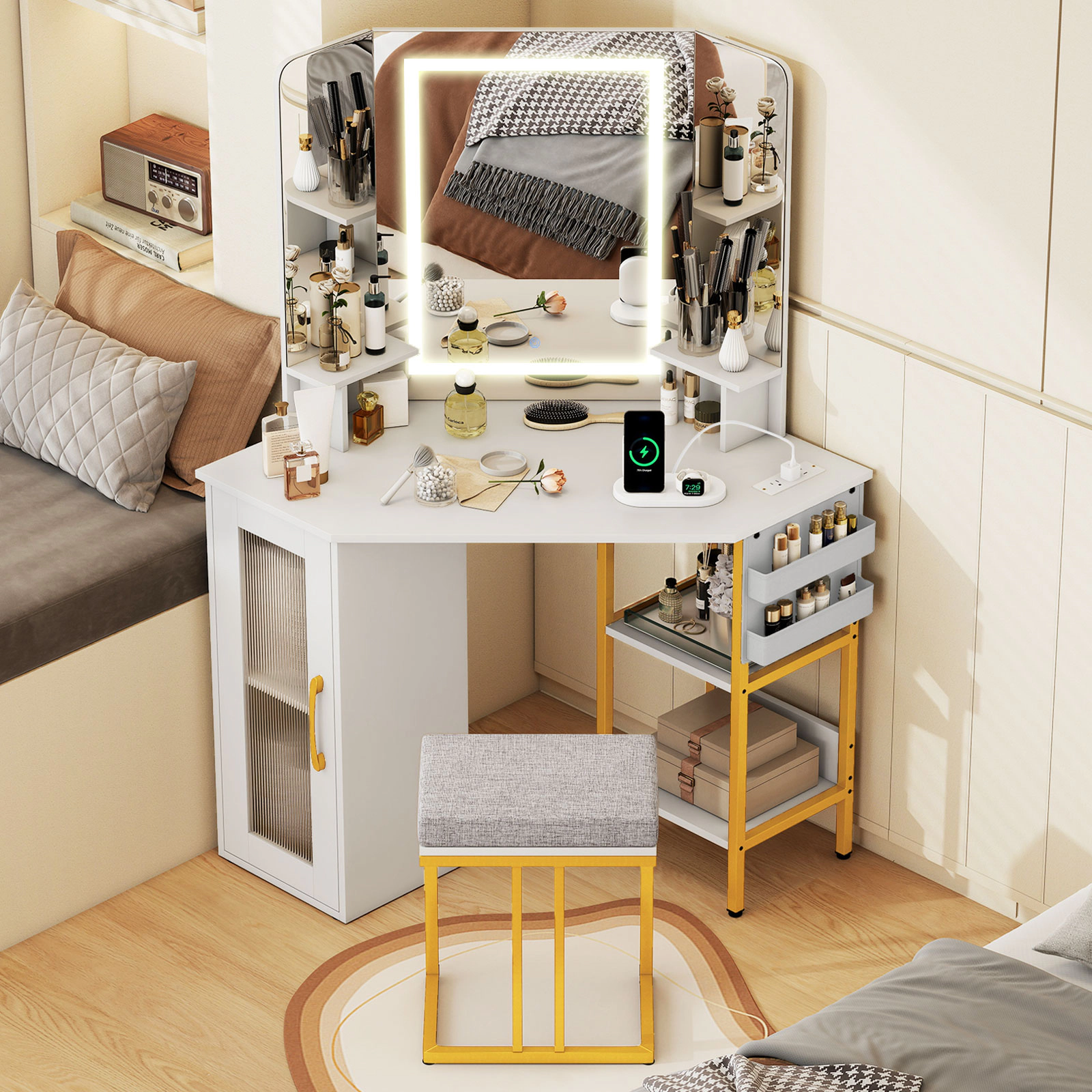 SUGIFT White Triple Lighted Mirror Charging Station and Cushioned Stool Corner Vanity Desk