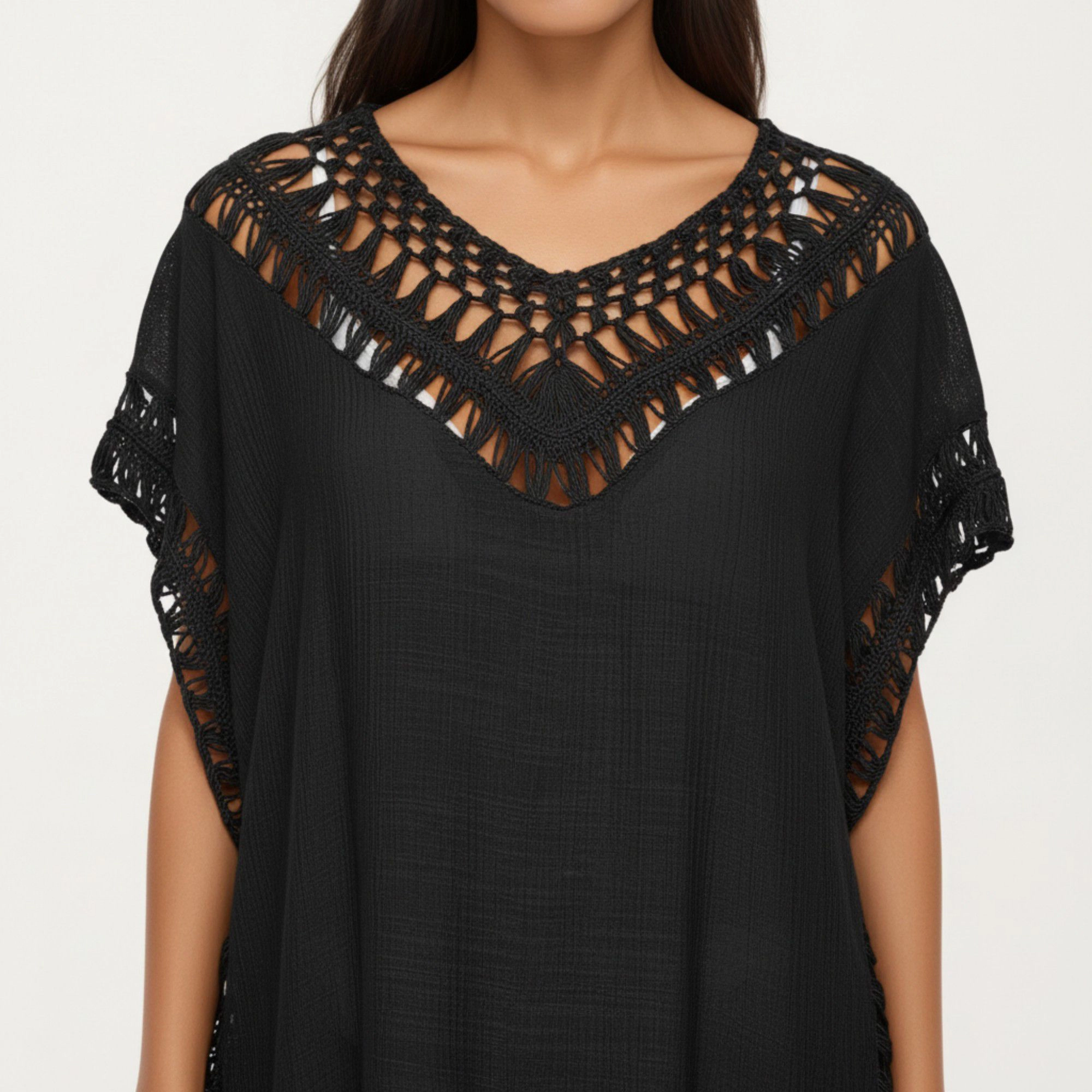Anna-Kaci Women's Swim Cover Up Dress with Crochet Trim Short Sleeves Lightweight Beach Caftan