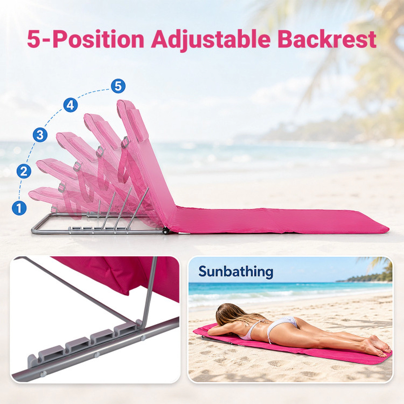 SUGIFT 3-Piece Pink Stripe 5-Position Adjustable Folding Beach Lounge Chair Set with Side Table and Carry Bag