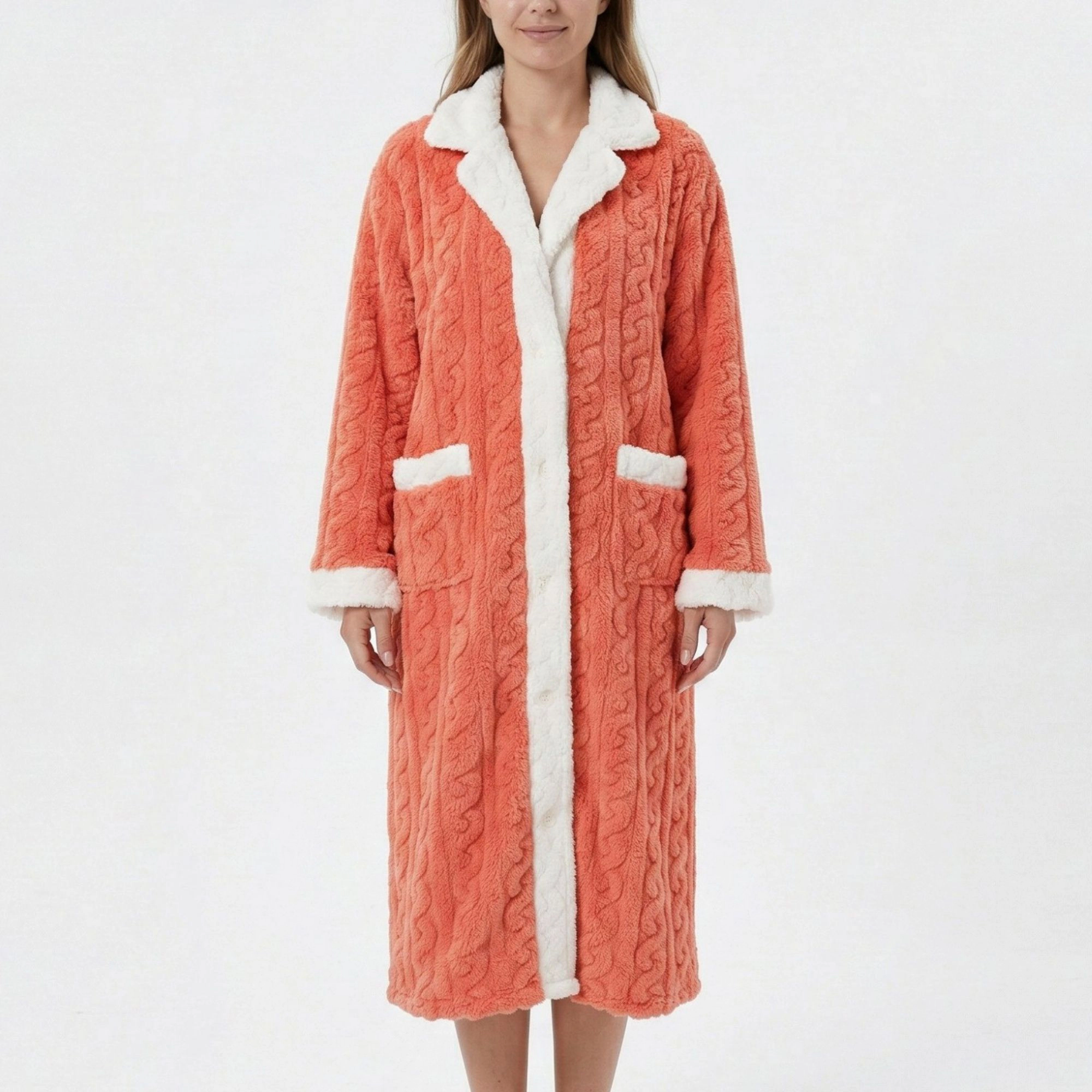 Anna-Kaci Women's Plush Bathrobe with Textured Cable Pattern Contrast Trim Button Front Closure and Pockets