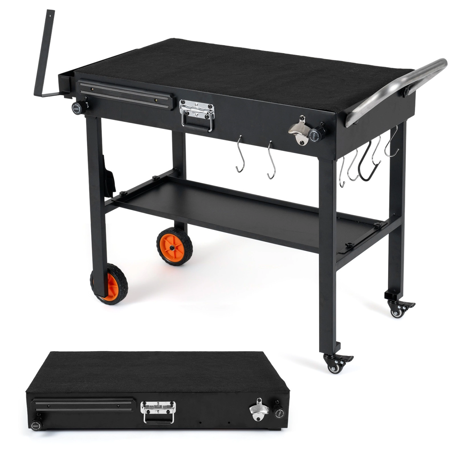 SUGIFT 330-lb Capacity Black Folding Grill Cart with Heat-Resistant Mat 360-Degree Casters and 6 Hooks