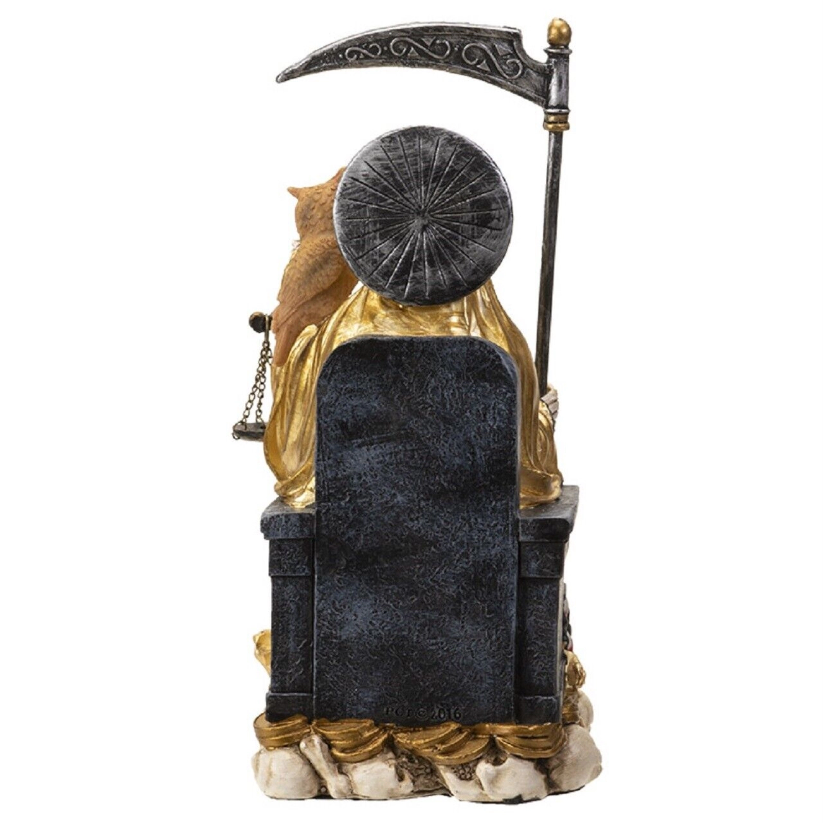 Pacific Giftware Sitting Santa Muerte in Gold Gown with Owl and Scale Figurine 9 Inch