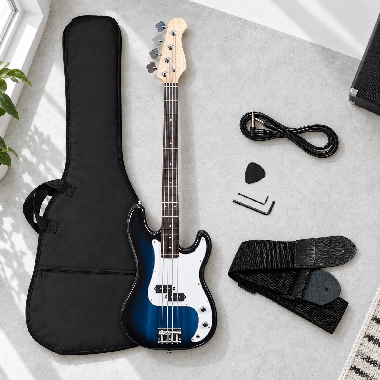 SUGIFT Blue Full Size 4-String Electric Bass Guitar with Paulownia Body and Rosewood Fretboard 7.7-lb Weight