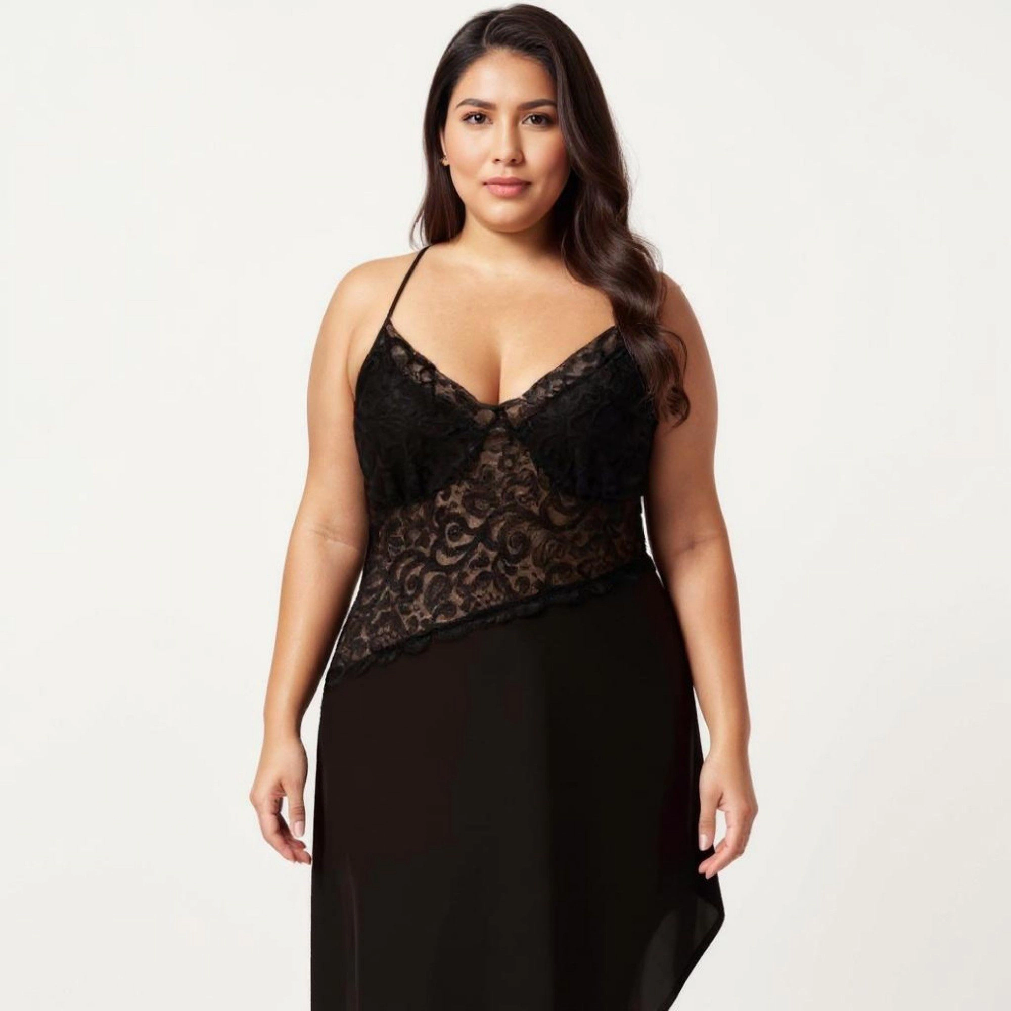 Anna-Kaci Women's Plus Lace Panel Slip Nightgown with Adjustable Spaghetti Straps V Neck Asymmetrical Hem Sleepwear