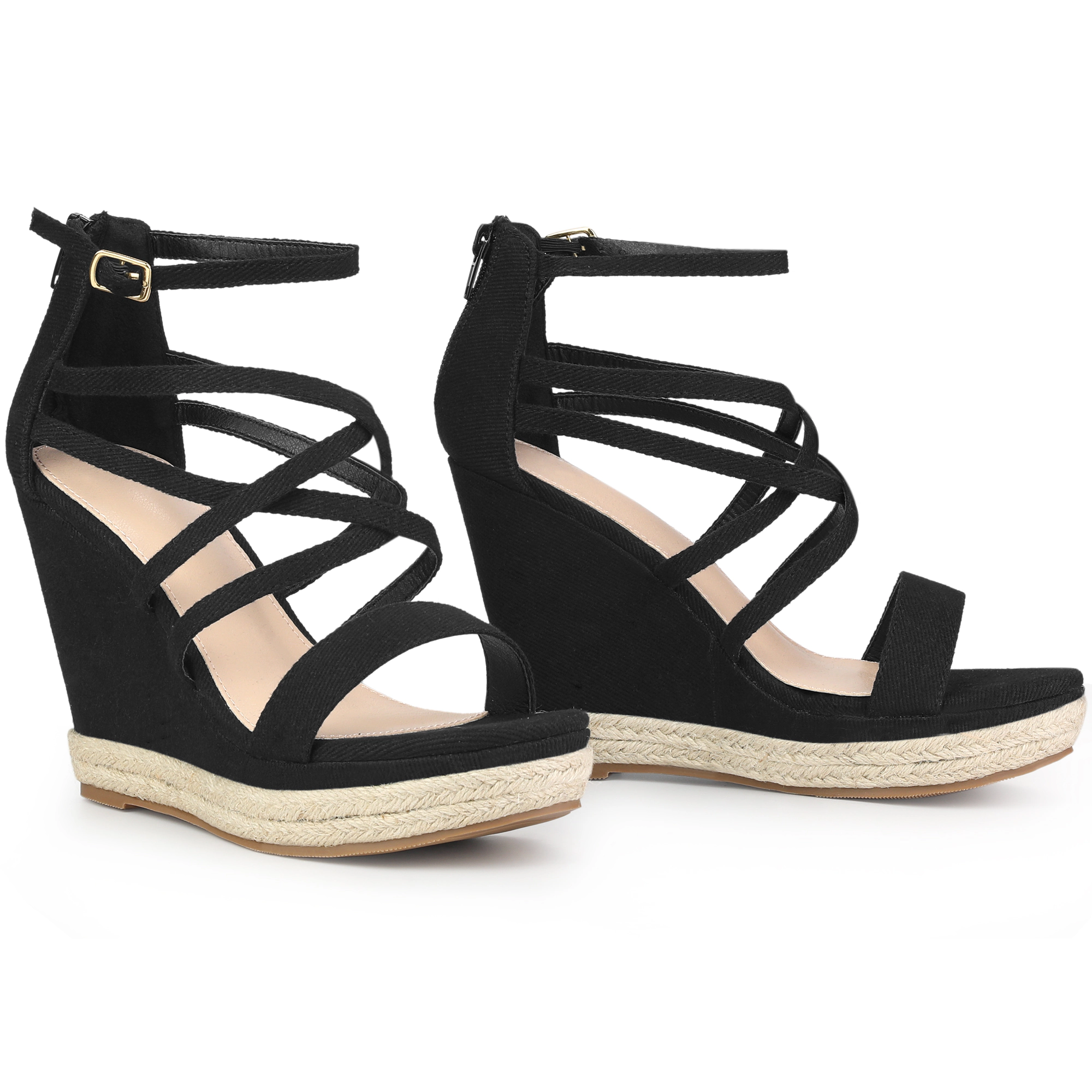 BLISSFUL STEP Women's Denim Strappy Platform Wedge Heel Sandals
