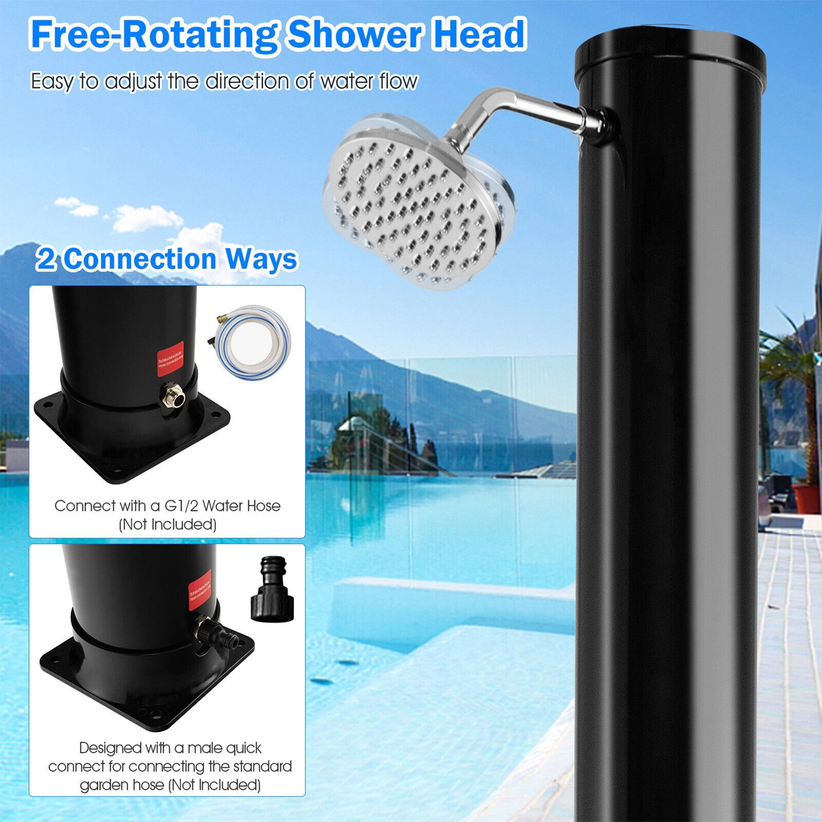 SUGIFT 7.2-ft Freestanding Solar-Heated Outdoor Shower with 10-gal Tank 360-Degree Head and Base Faucet