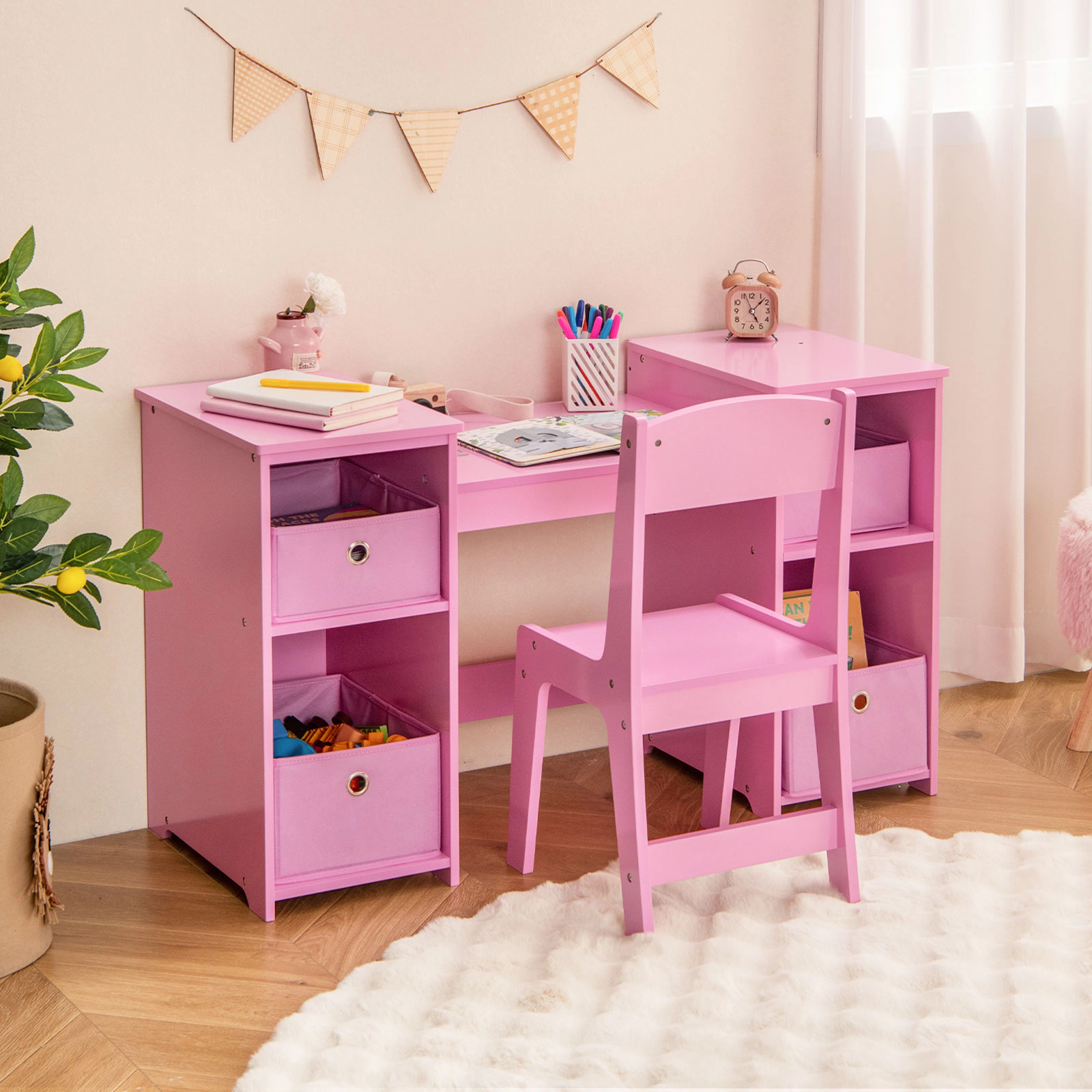 SUGIFT 2-Piece Pink Kids Vanity Table and Chair Set, 3 Removable Mirrors, 4 Fabric Bins