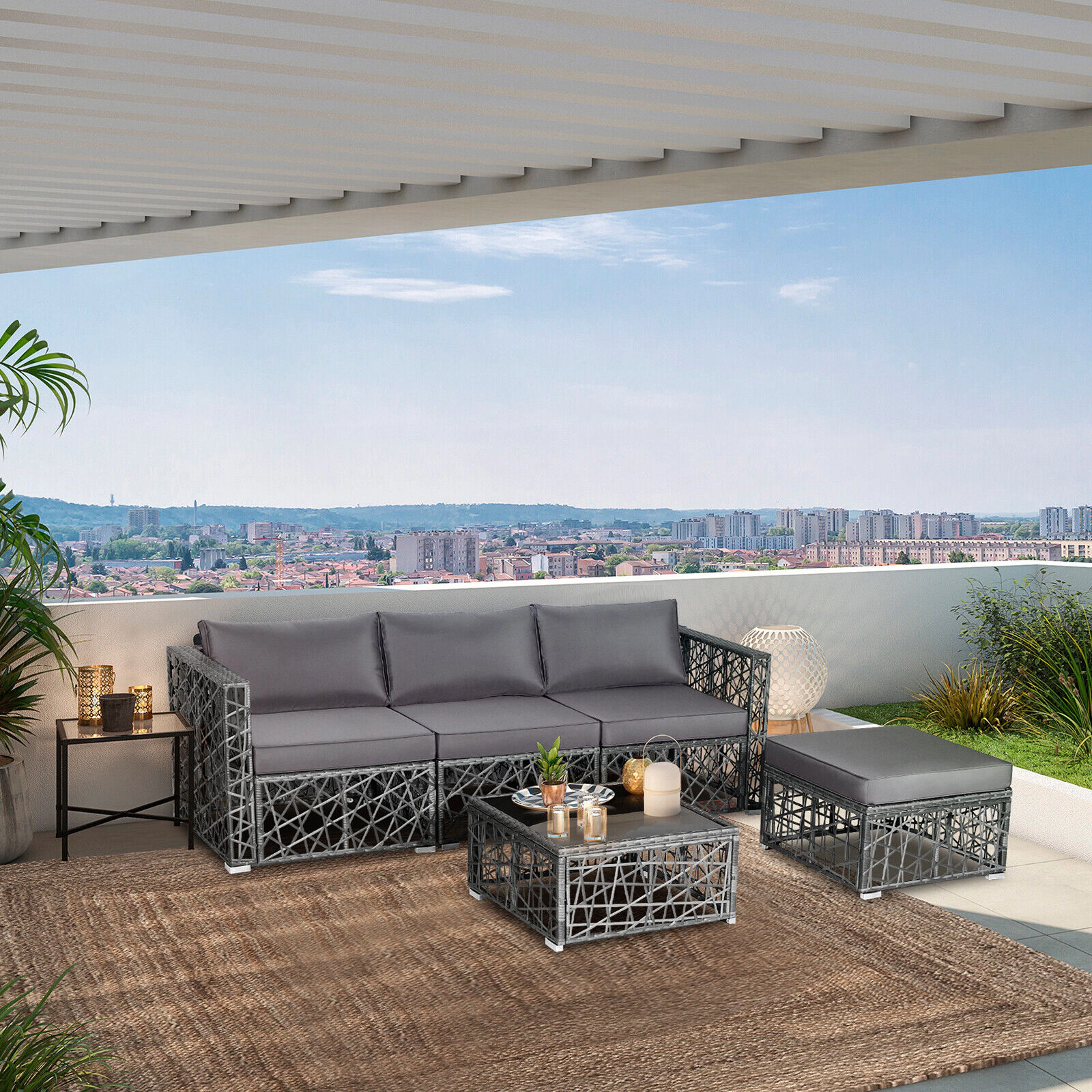 LJG 5 Pieces Patio PE Rattan Wicker Sofa Furniture Set